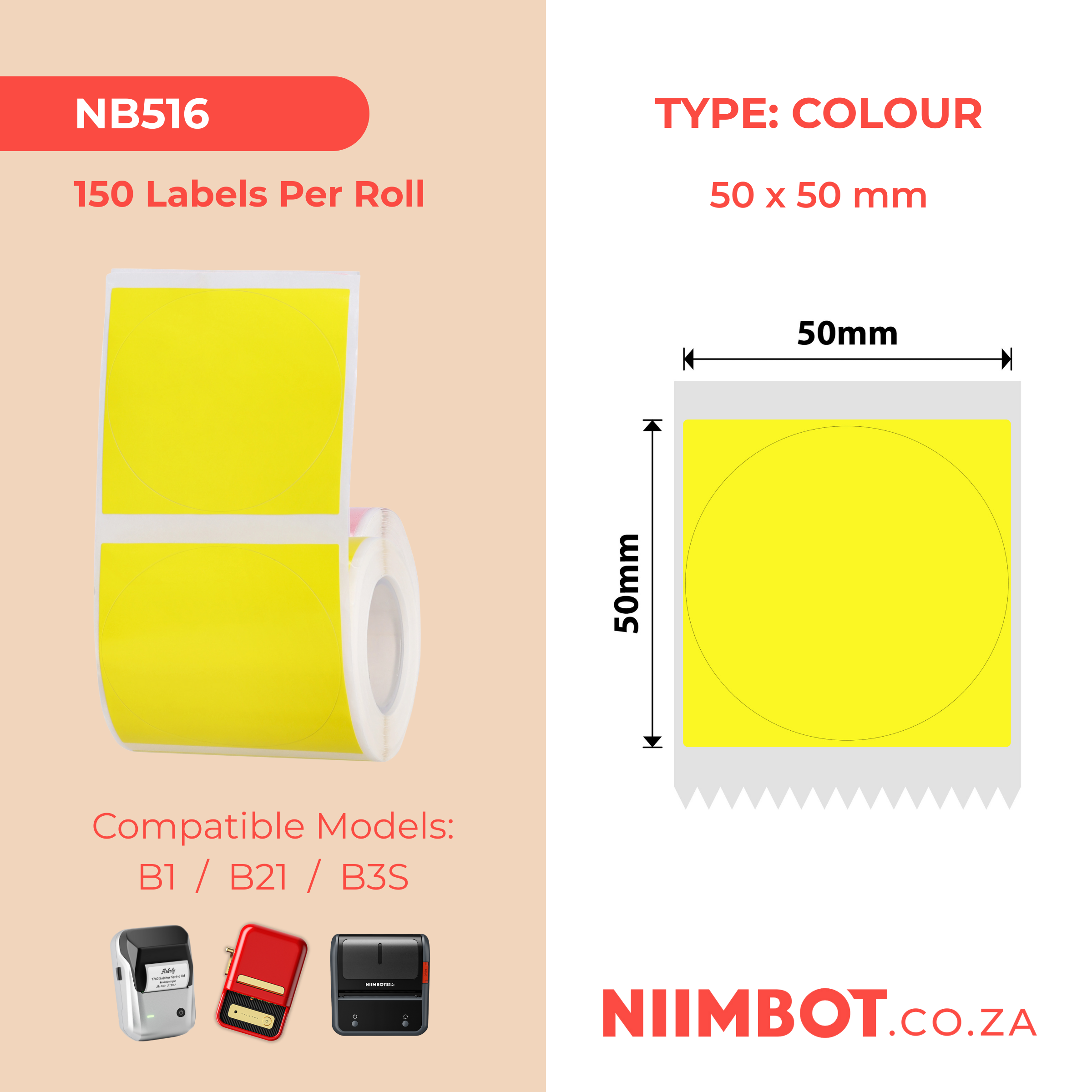 NB516 - Niimbot - B1 / B21 / B31 / B3S / B4 - 50x50mm - 150 Yellow Round Labels
