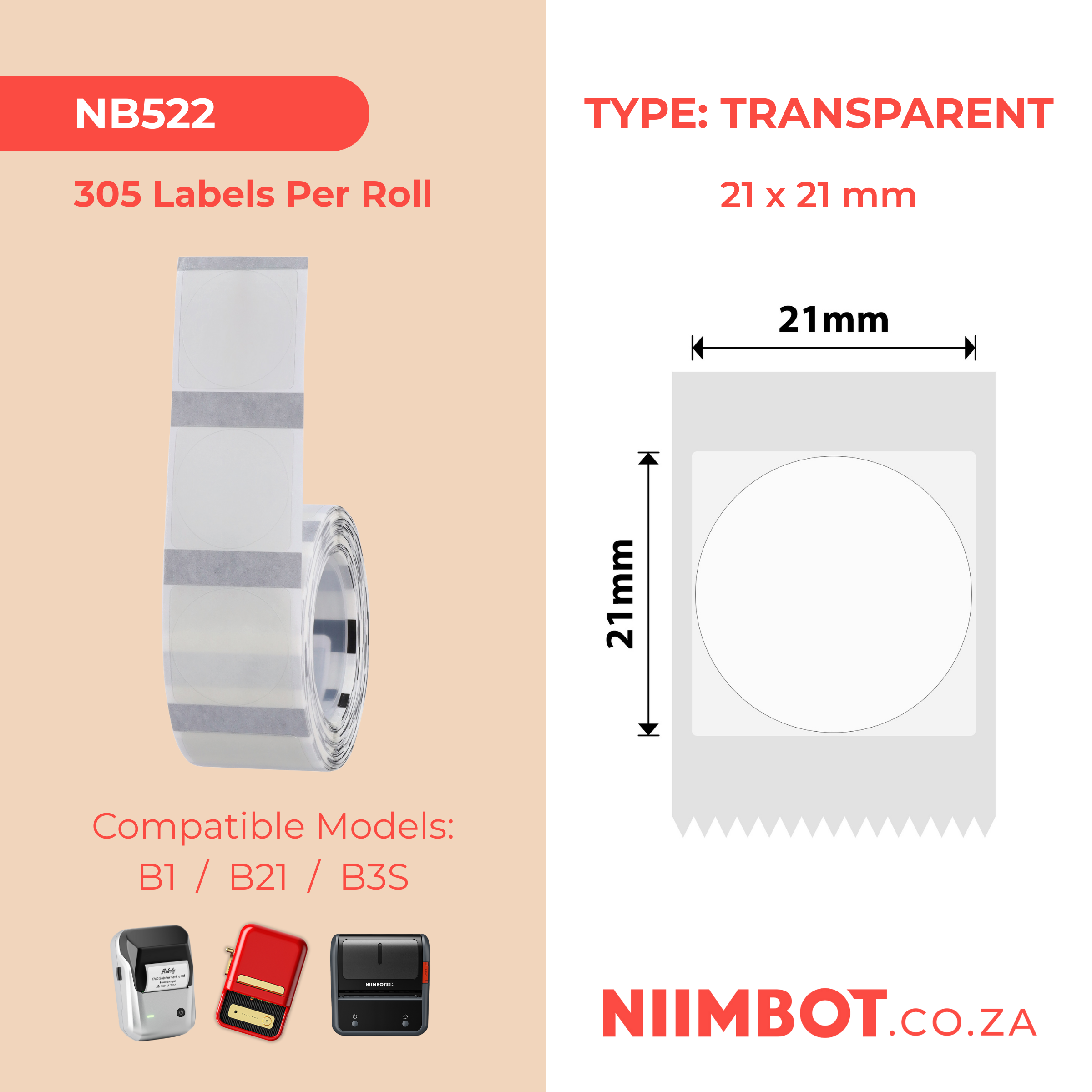NB522 - NIIMBOT - B1 / B21 / B3S / B4 - T21X21MM - 305 LABELS PER ROLL - ROUND - TRANSPARENT
