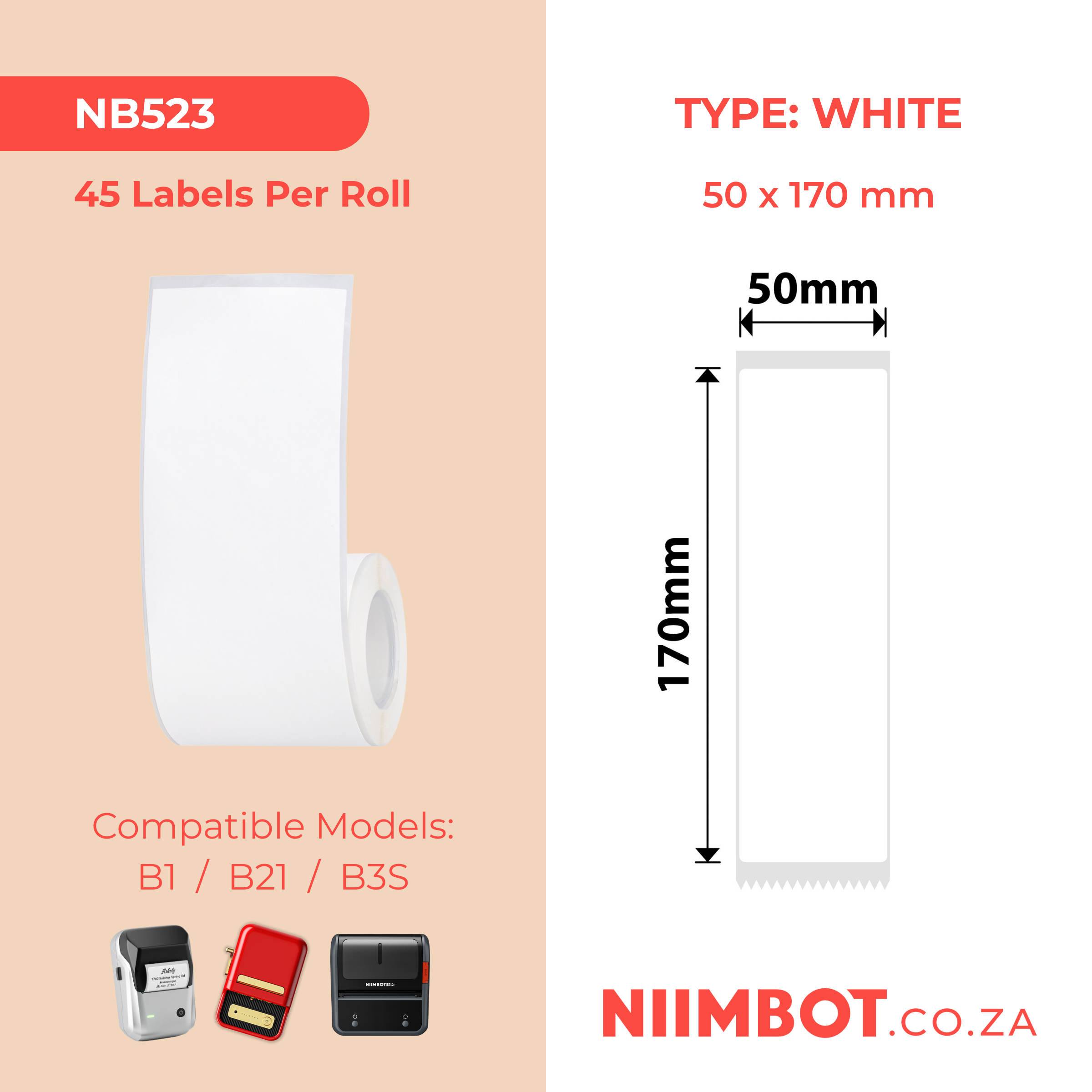 NB523 - NIIMBOT - B1 / B21 / B3S / B4 - T50X170MM - 45 LABELS PER ROLL - RECTANGLE - WHITE