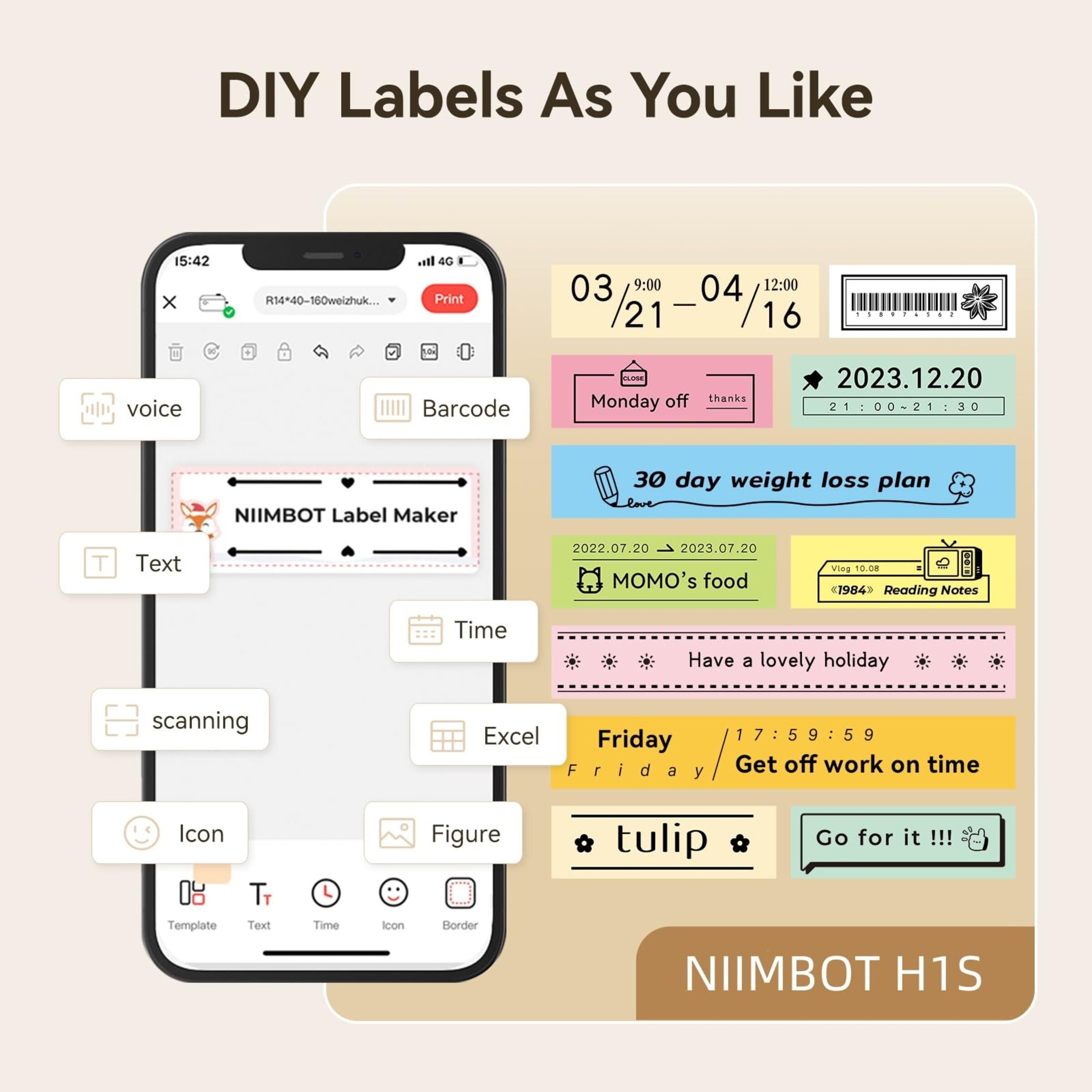 NB526 - NIIMBOT H1S - BLUETOOTH CONTINUOUS LABEL PRINTER INCL FREE LABEL - CREAM WHITE