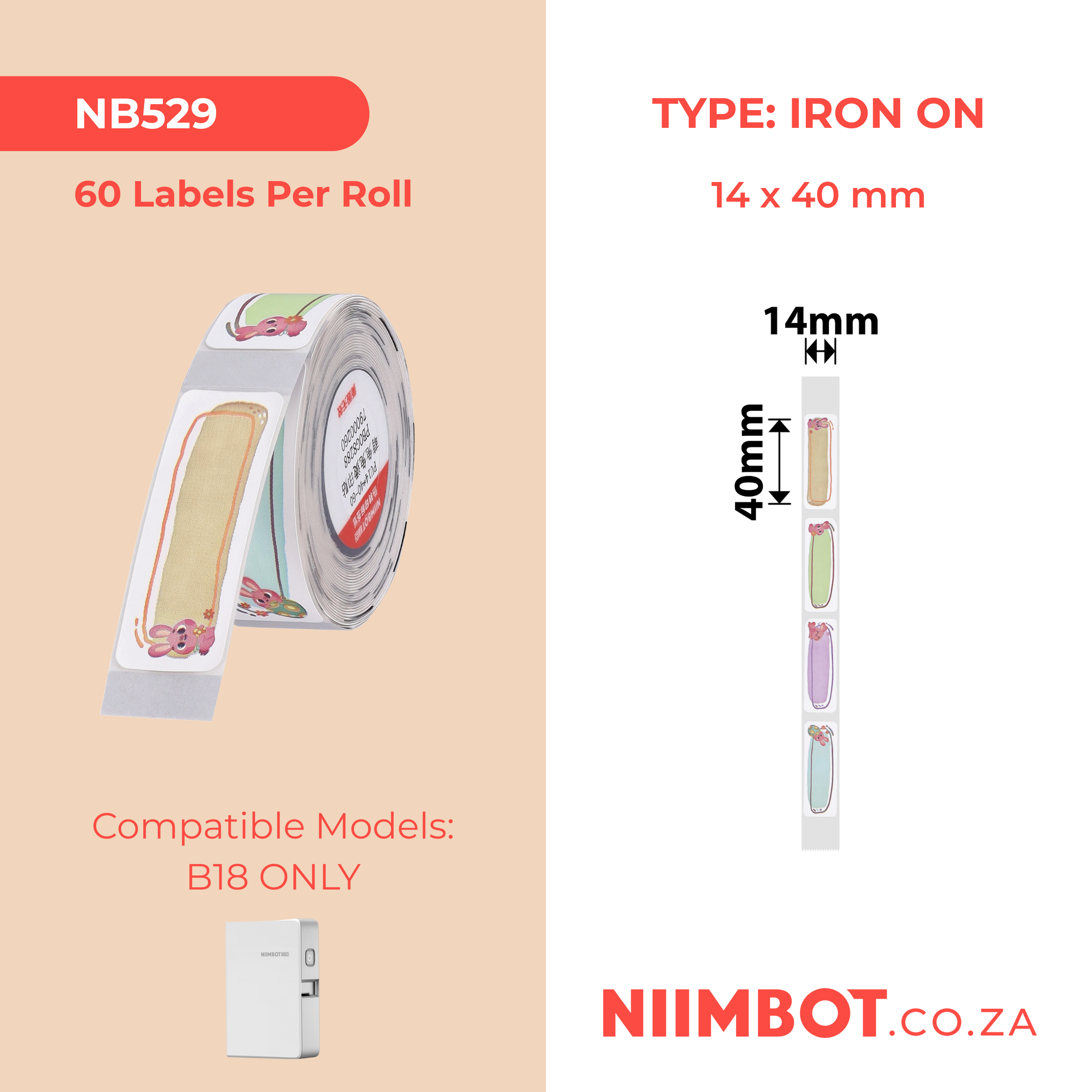 NB529 - NIIMBOT - B18 / N1 - PU14X40mm - 60 LABELS PER ROLL - IRON ON LABEL - CUTE BUNNY