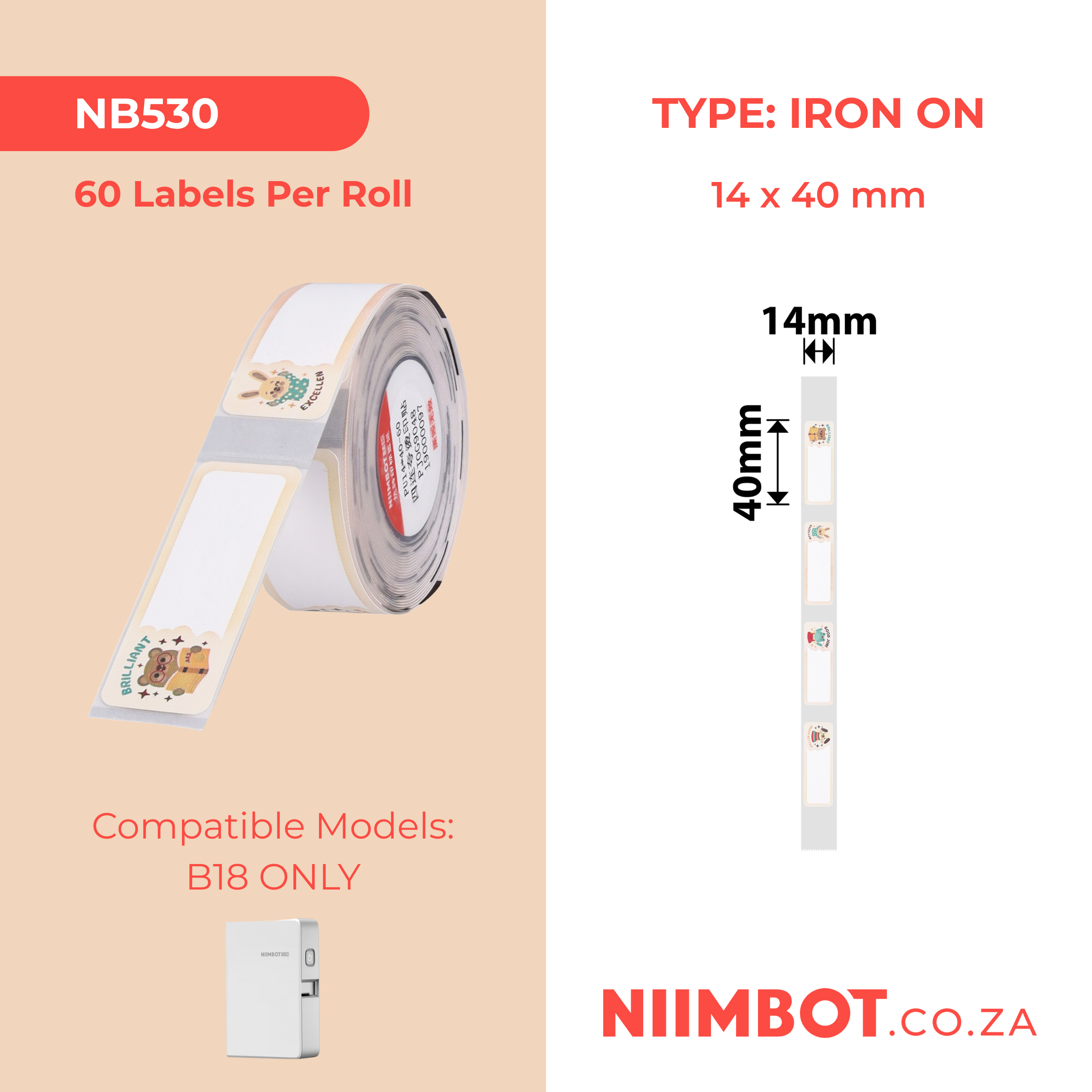 NB530 - NIIMBOT - B18 / N1 - PU14X40mm - 60 LABELS PER ROLL - IRON ON LABEL - INSPIRING ANIMALS