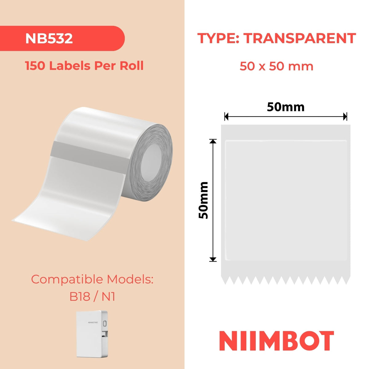 NIIMBOT - B Range - 50x50mm - Transparent - 150 Labels