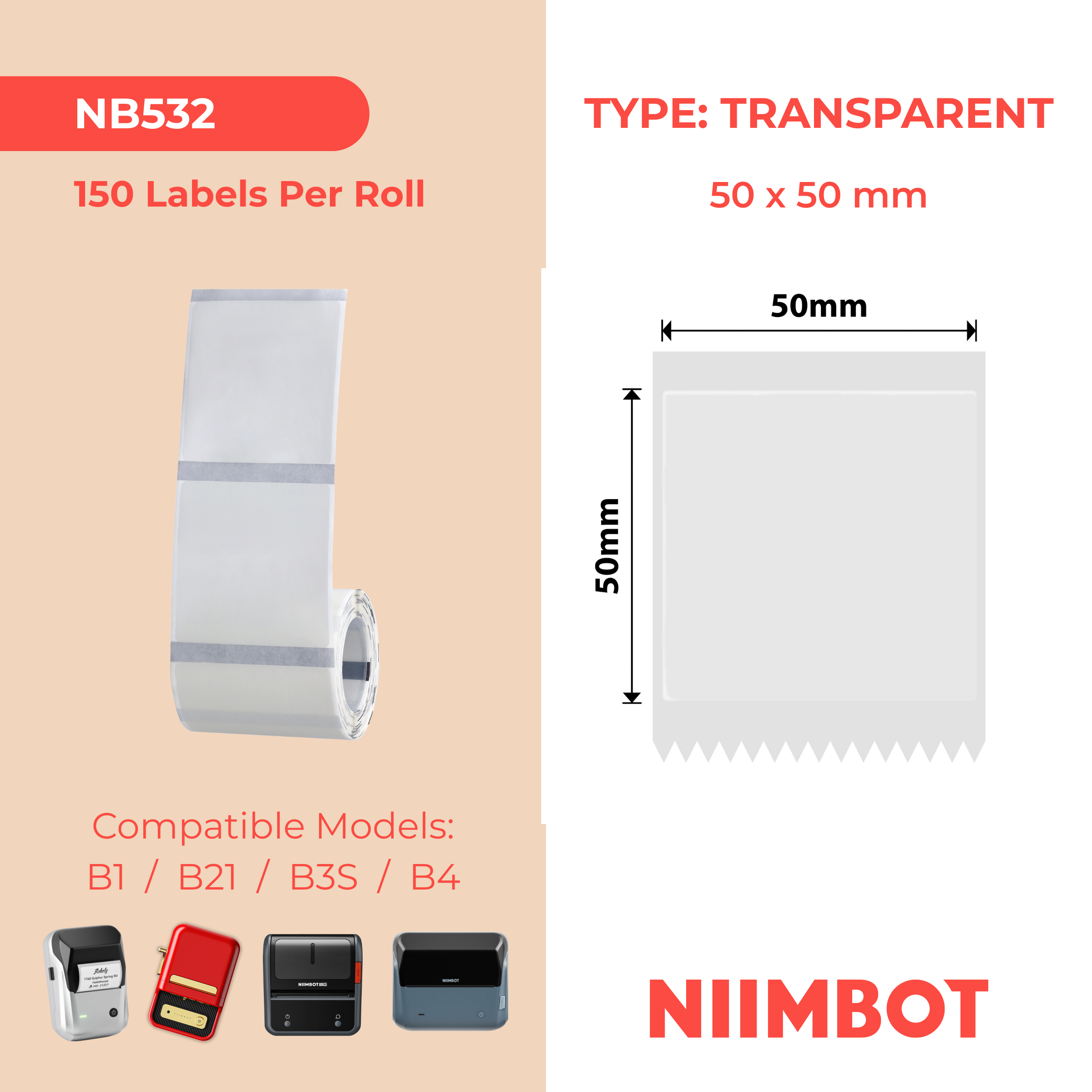 NB532 - Niimbot - B1 / B21 / B31 / B3S / B4 - 50x50mm - 150 Transparent Labels
