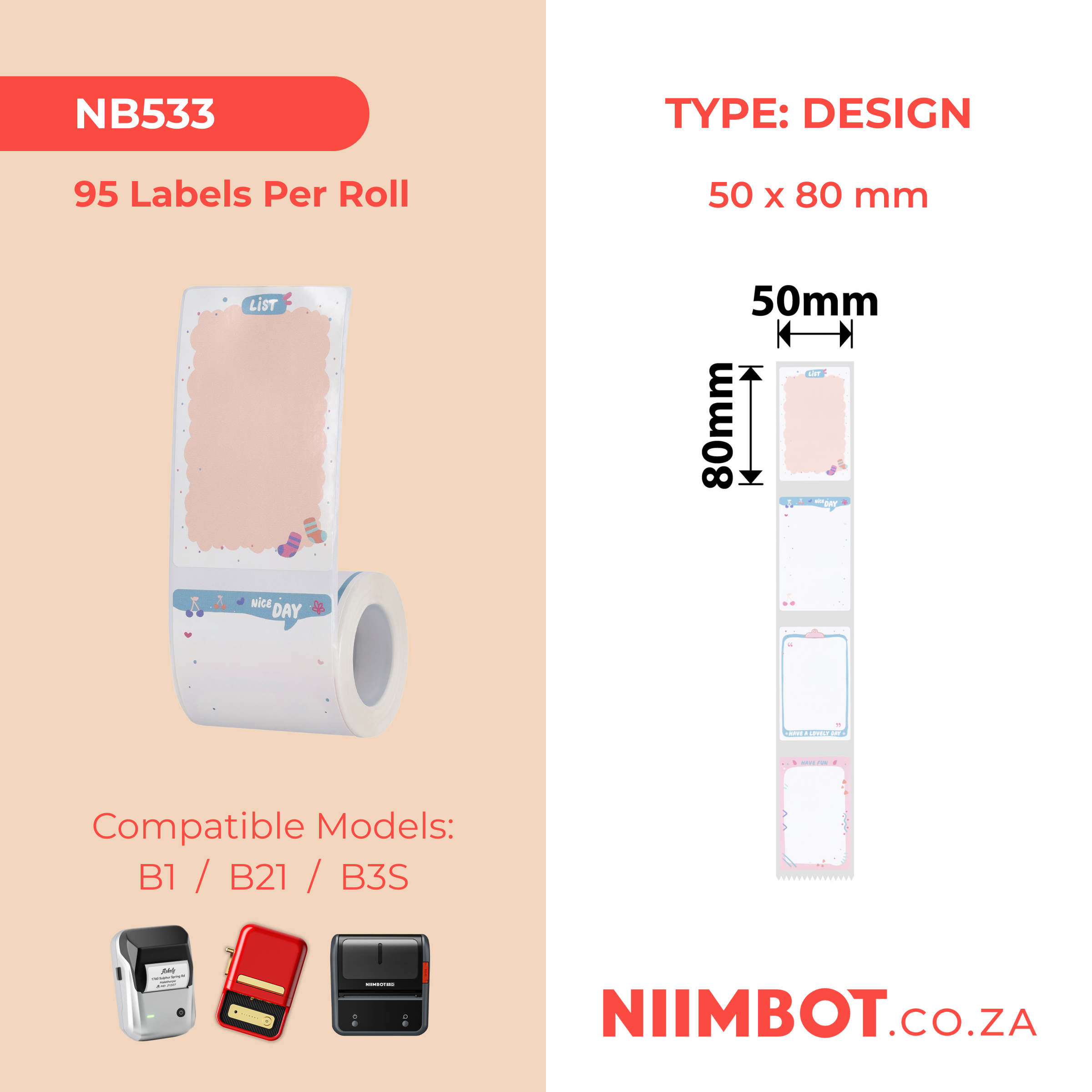 NB533 - NIIMBOT - B1 / B21 / B3S / B4 - T50X80MM - 95 LABELS - CUTE MEMO