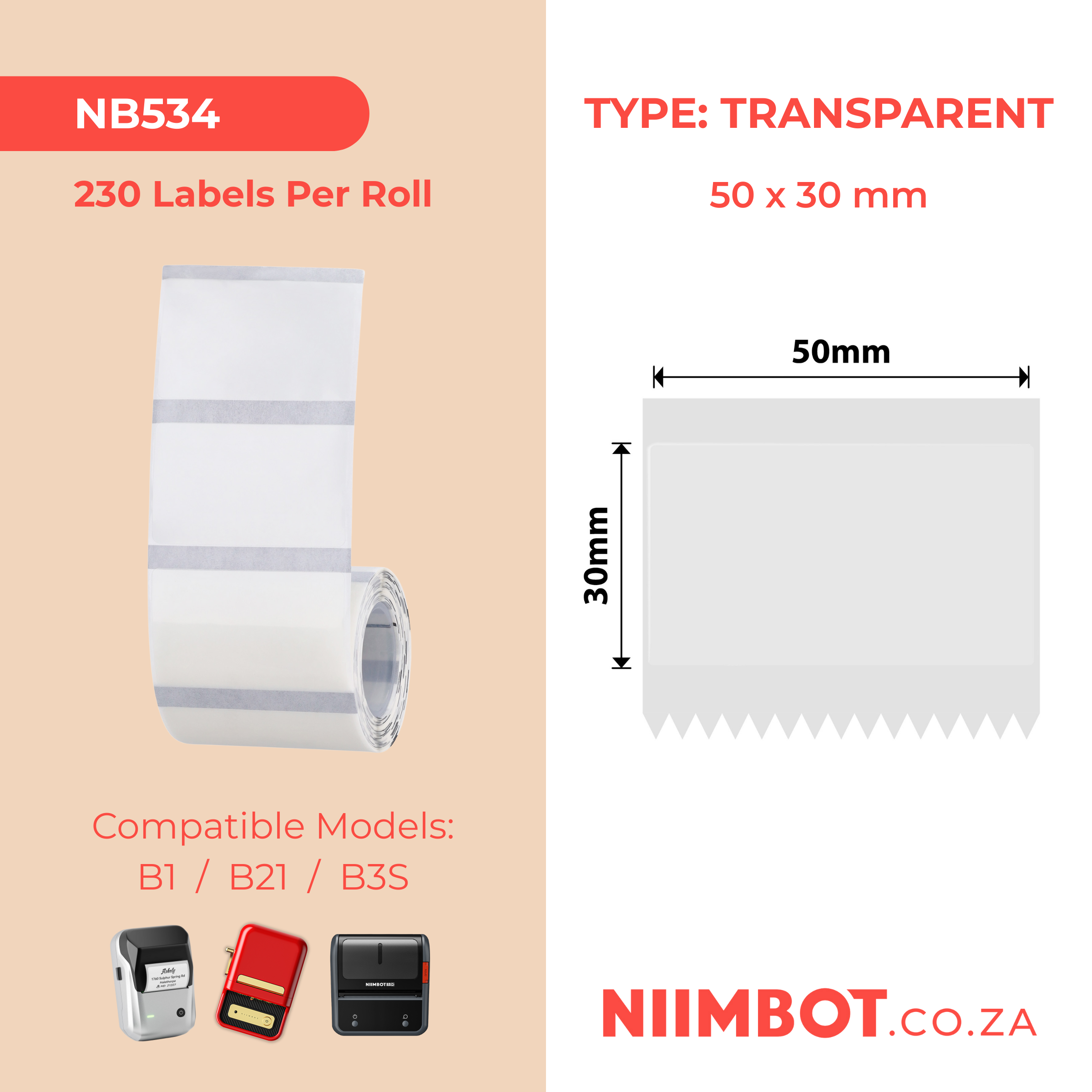 NB534 - Niimbot - B1 / B21 / B31 / B3S / B4 - 50x30mm - 230 Transparent Labels