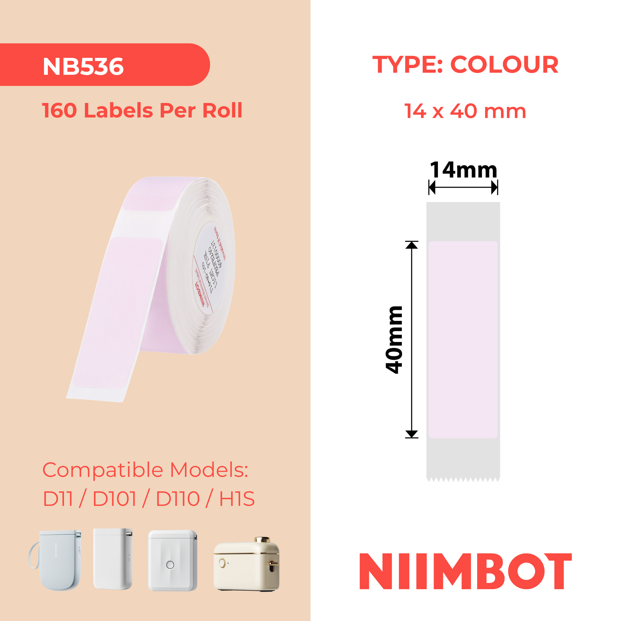 NB536 - NIIMBOT - D11 / D101 / D110 / H1S - T14X40MM - 160 LABELS PER ROLL - LIGHT PINK