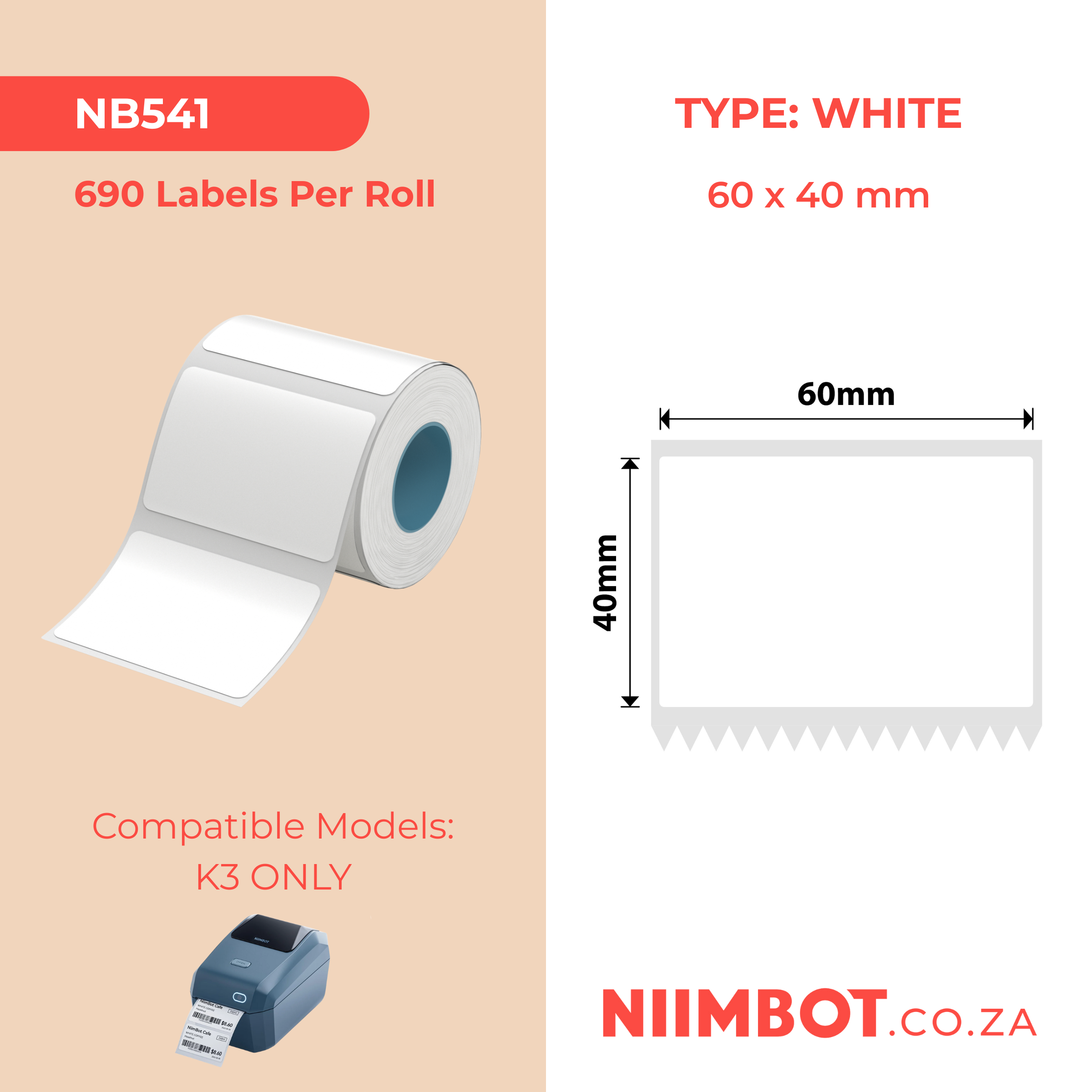 NB541 - NIIMBOT - K2 / K3 - T60X40MM - 690 LABELS PER ROLL - WHITE