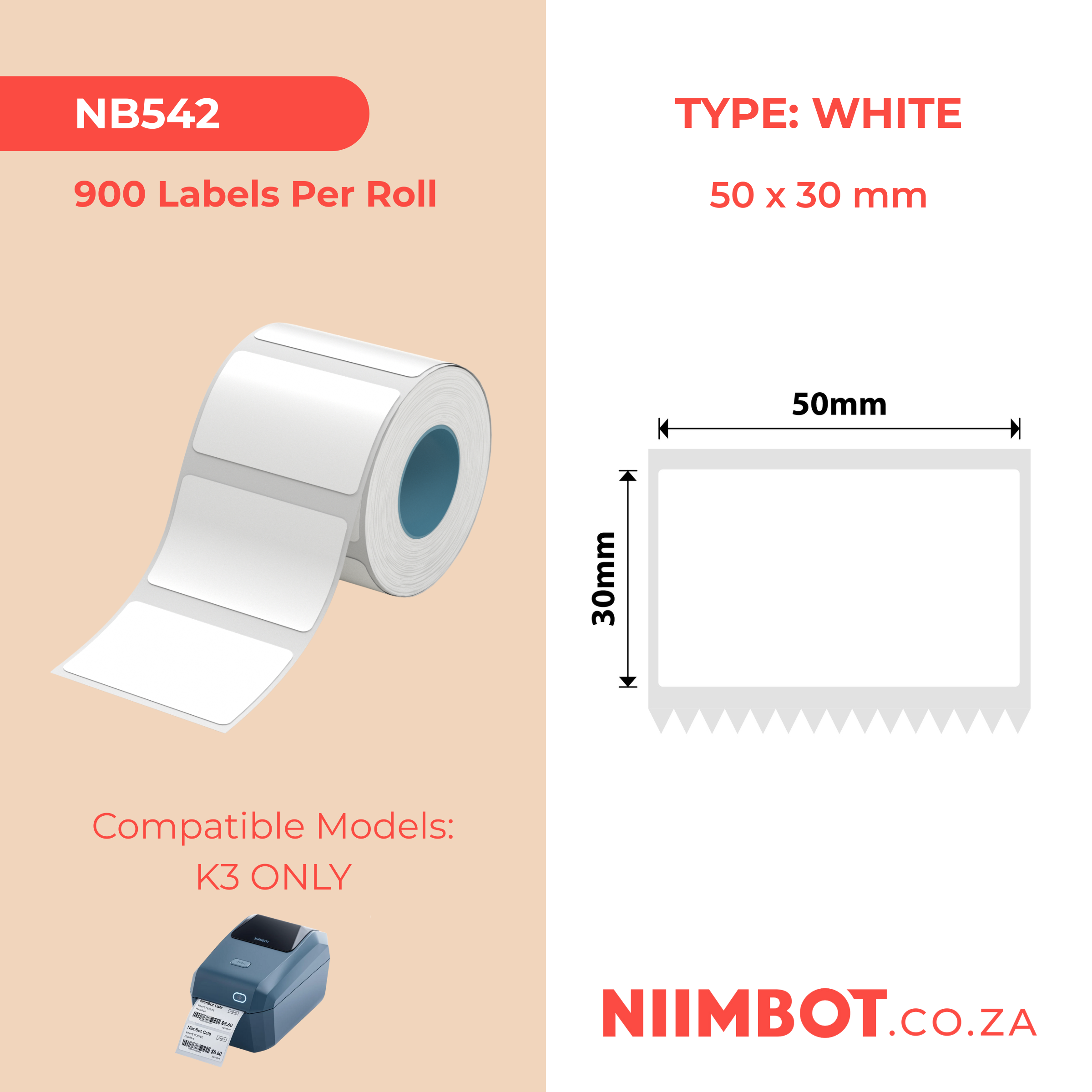 NB542 - Niimbot - K2 / K3 - 50x30mm - 900 White Labels