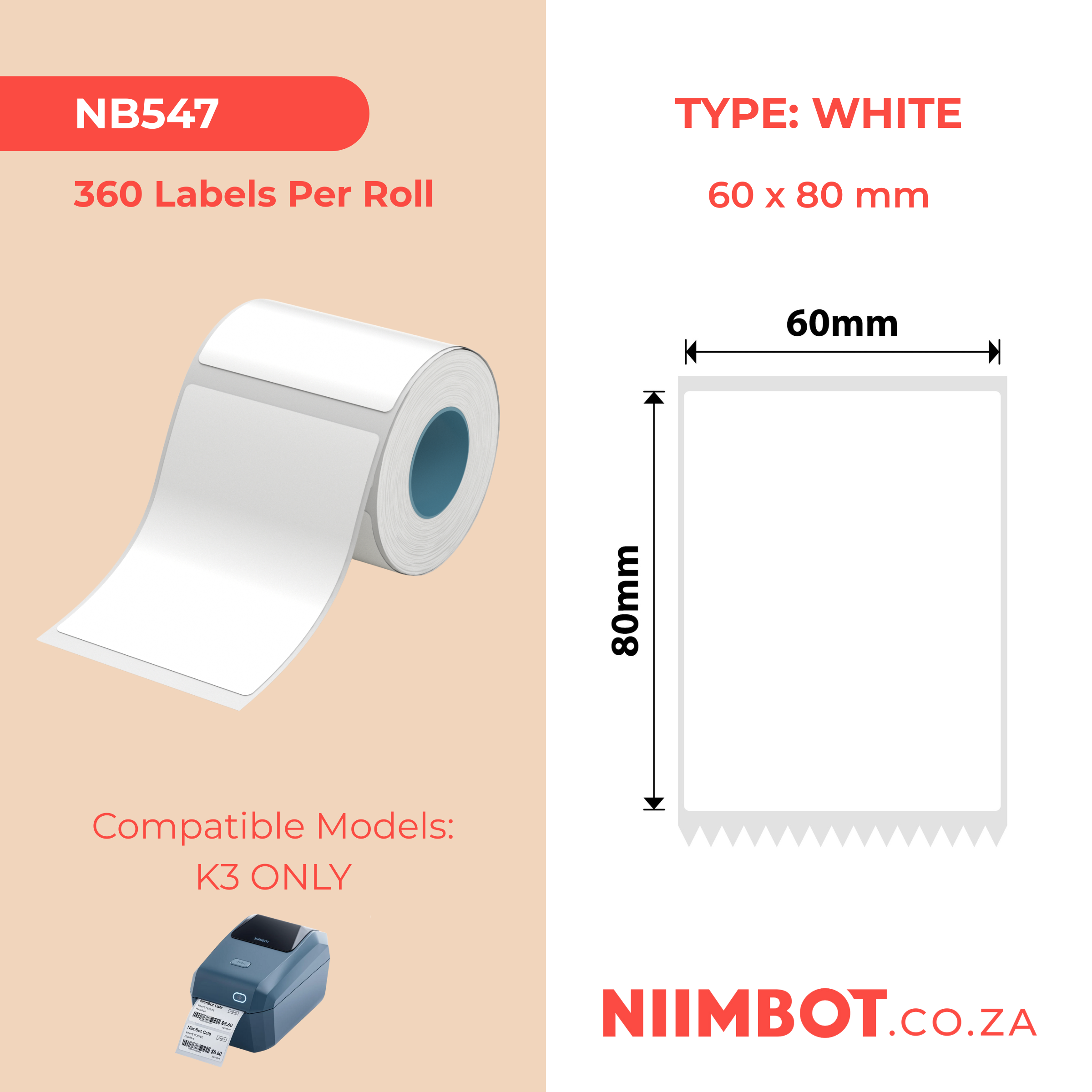 NB547 - NIIMBOT - K2 / K3 - T60X80MM - 360 LABELS PER ROLL - WHITE