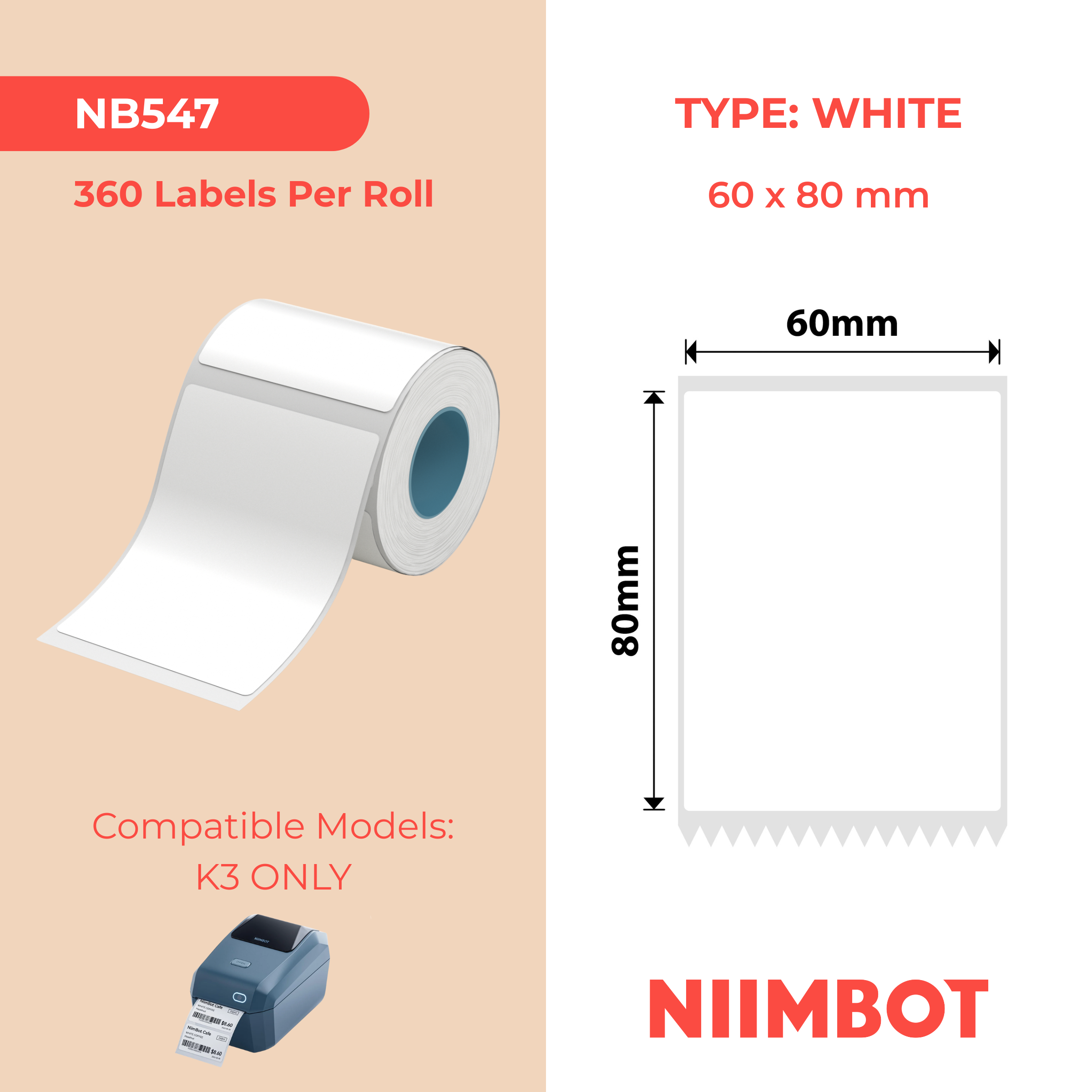 NB547 - Niimbot - K2 / K3 - 60x80mm - 360 White Labels