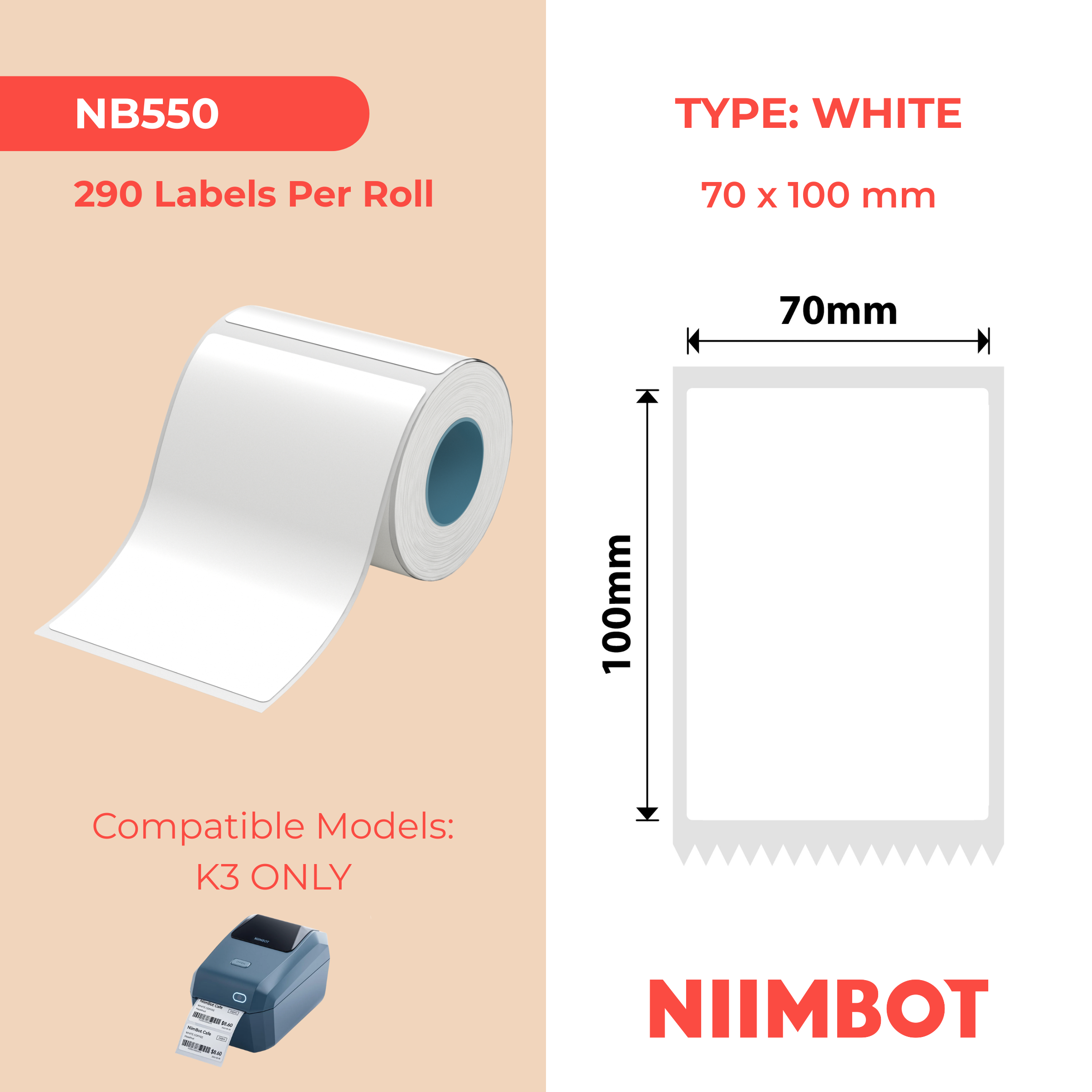 NB550 - Niimbot - K3 Only - 70x100mm - 290 White Labels