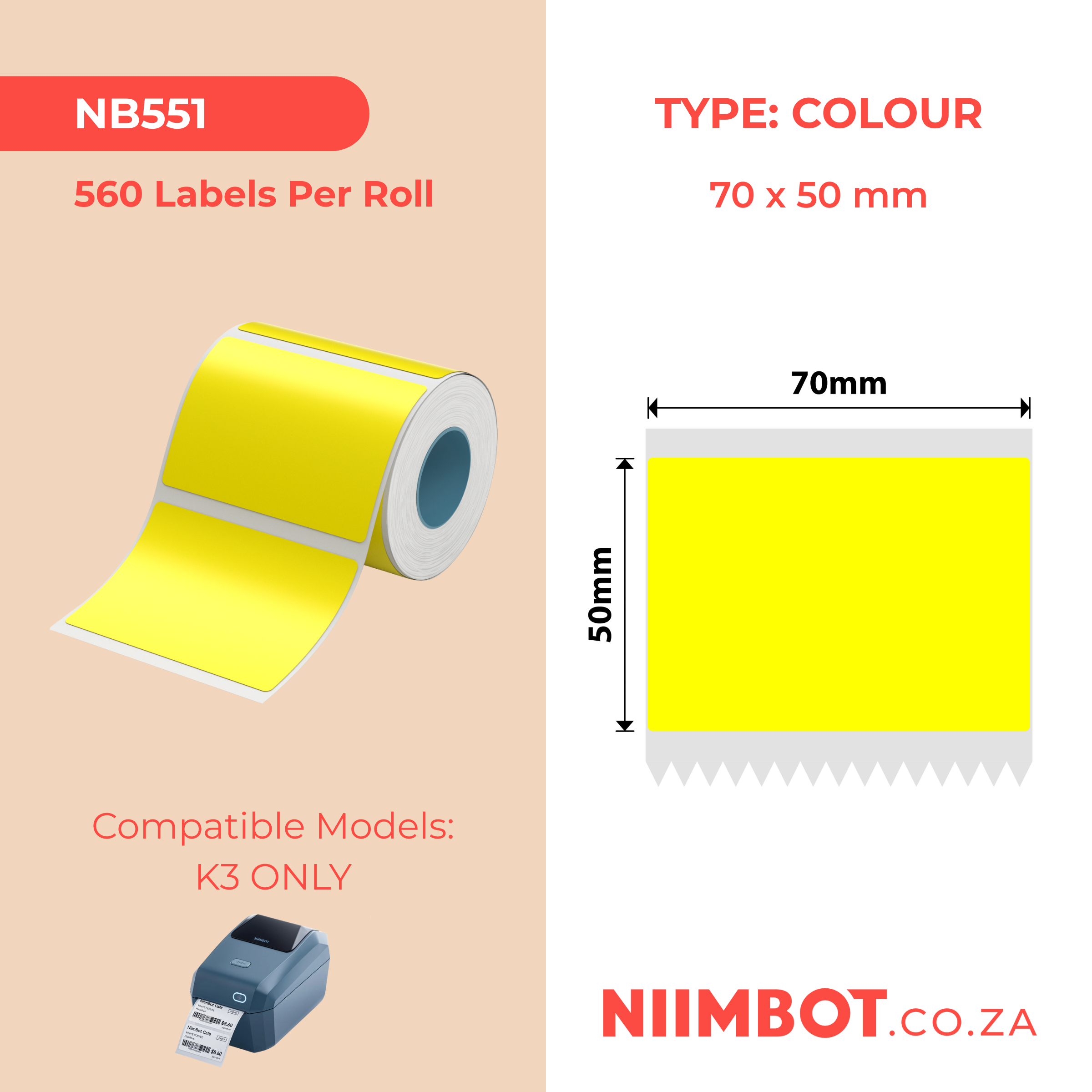 NB551 - NIIMBOT - K3 ONLY - T70X50MM - 560 LABELS PER ROLL - YELLOW
