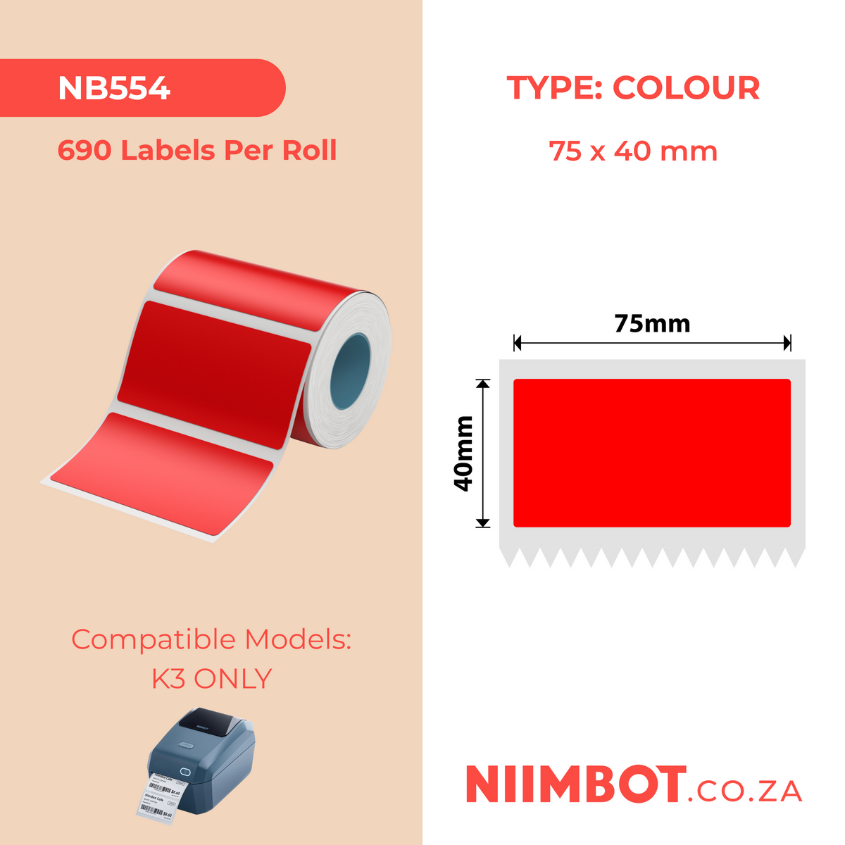 NIIMBOT - K3 Only - 75x40mm - Red - 690 Labels