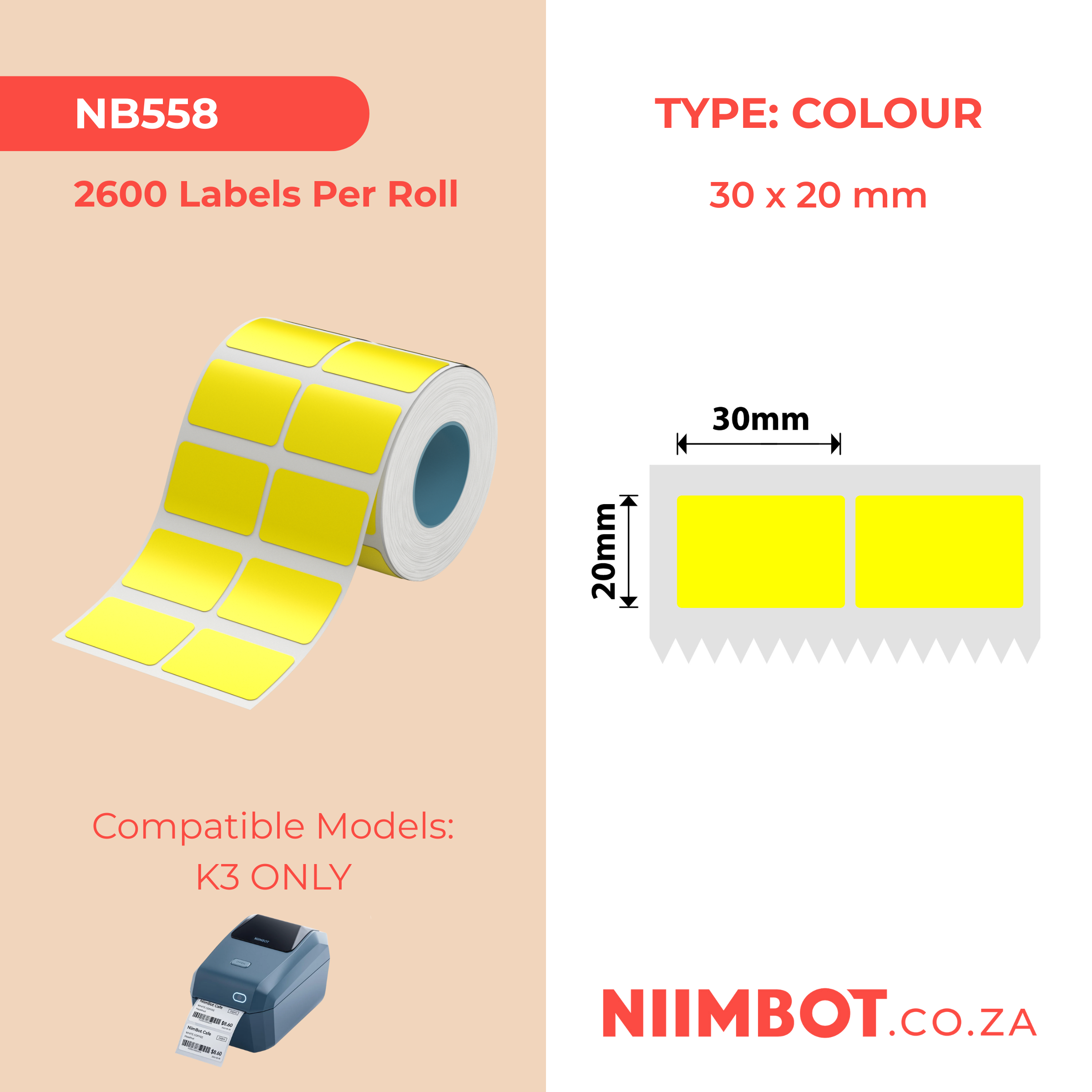 NB558 - NIIMBOT - K3 ONLY - T30X20MM/2L - 2,600 LABELS PER ROLL - YELLOW