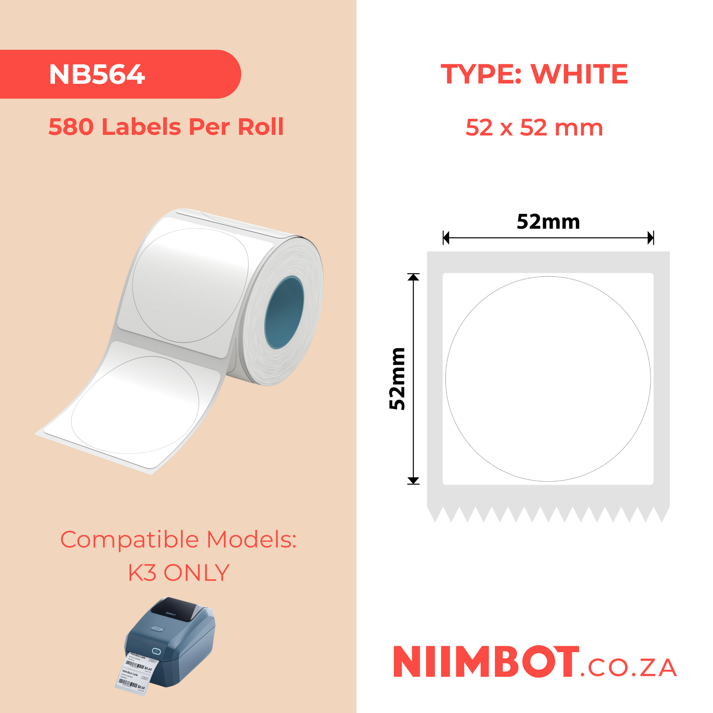 NB564 - Niimbot - K3 Only - 52x52mm - 580 White Round Labels