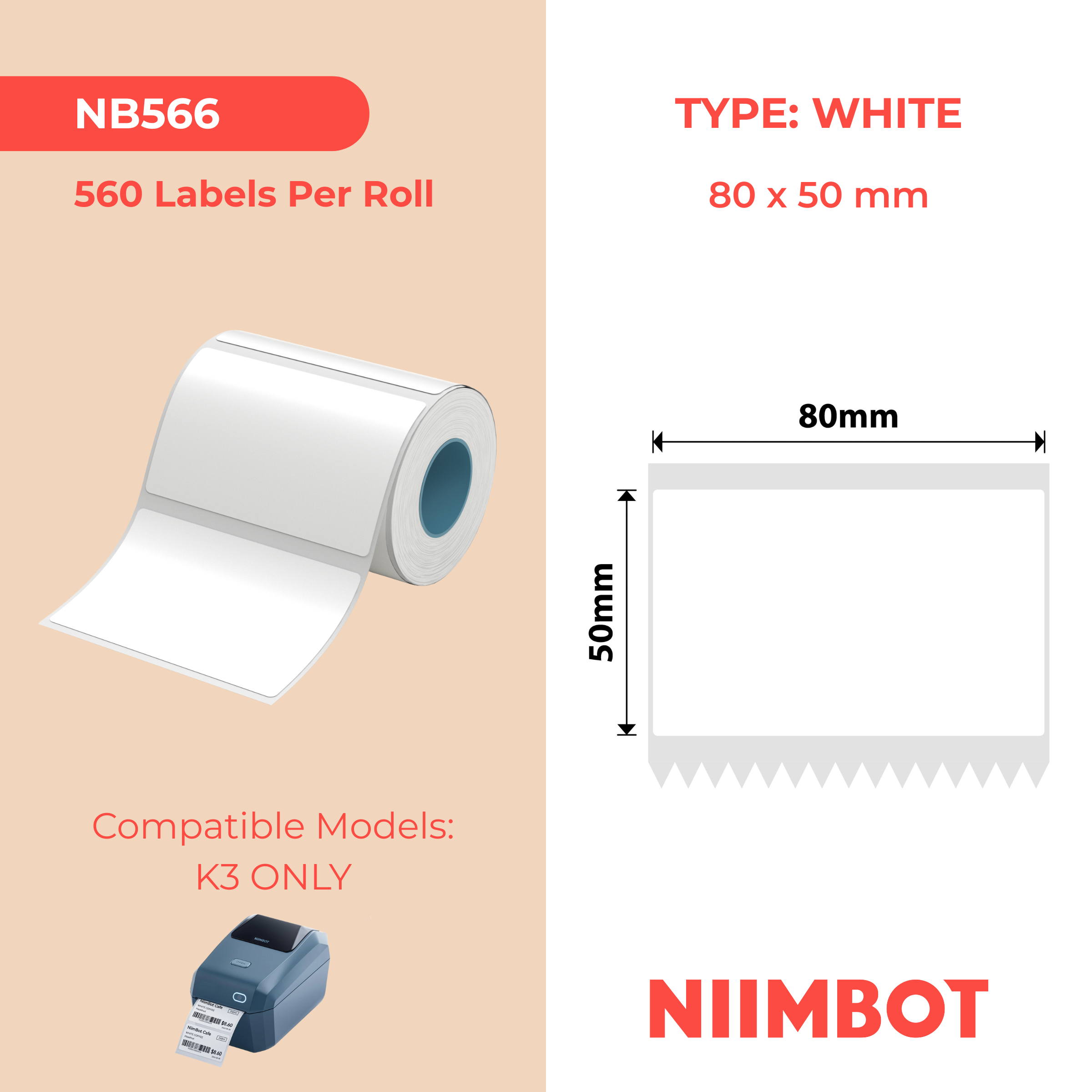 NB566 - Niimbot - K2 / K3 - 80x50mm - 560 White Labels