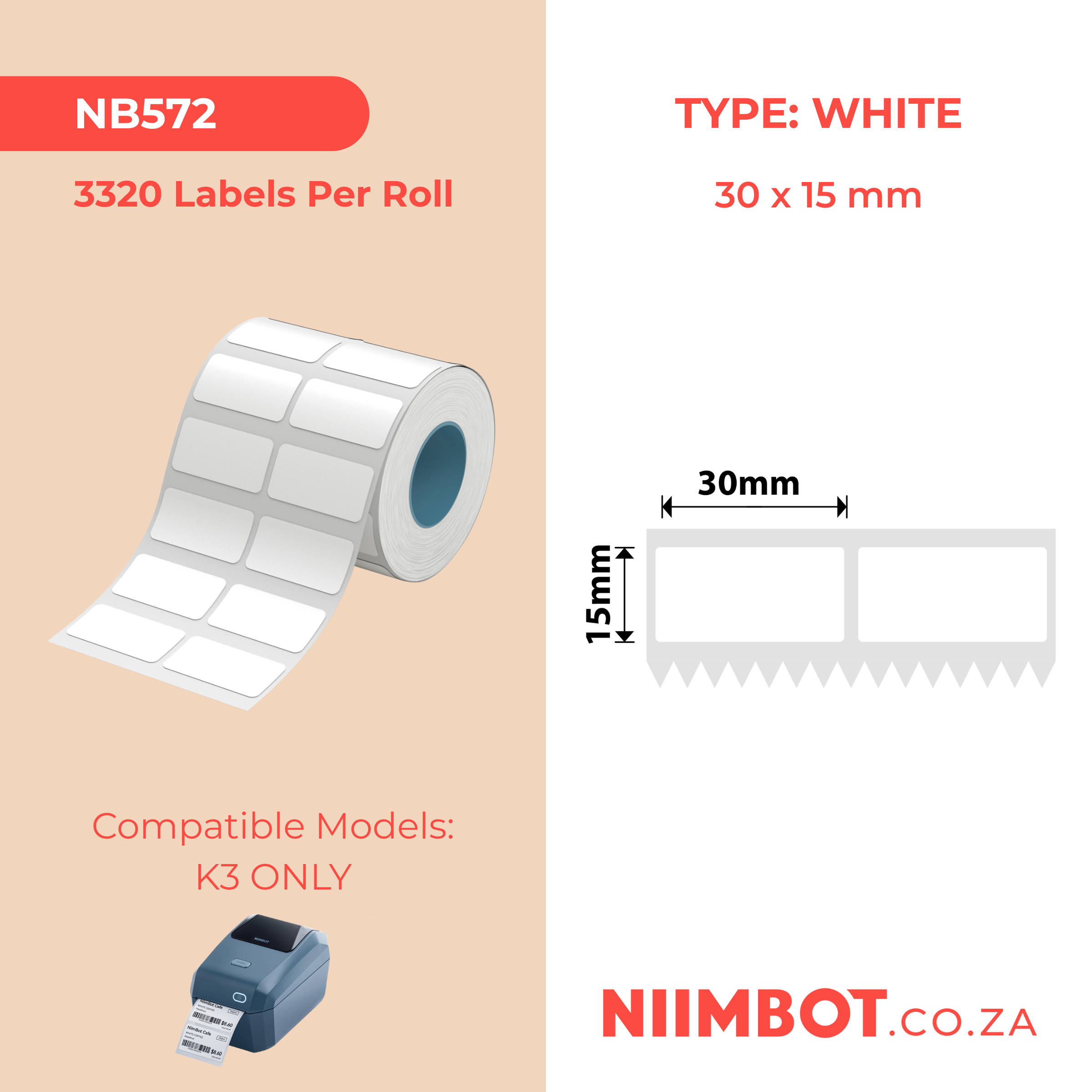 NB572 - NIIMBOT - K3 ONLY - T30X15MM/2L - 3,320 LABELS PER ROLL - WHITE