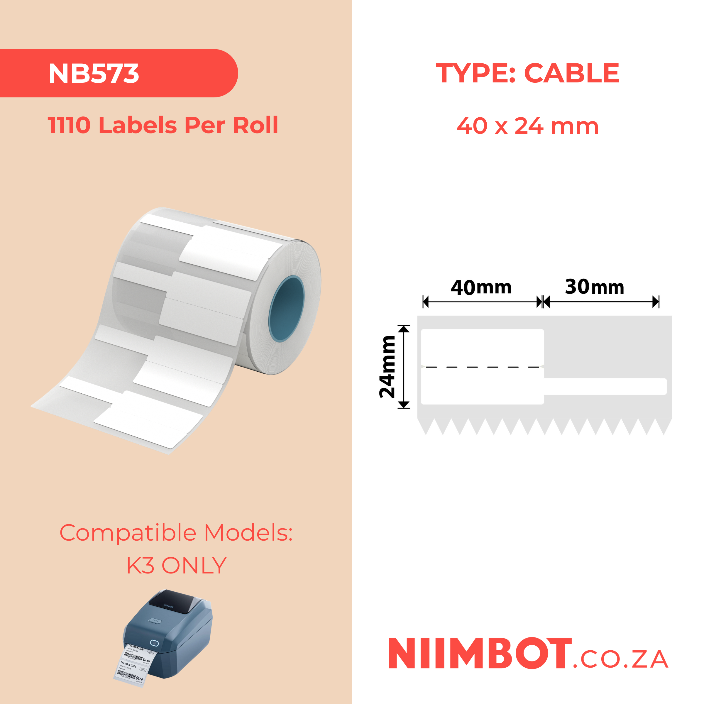 NB573 - Niimbot - K3 Only - 40x24+30mm - 1,110 White Cable Labels
