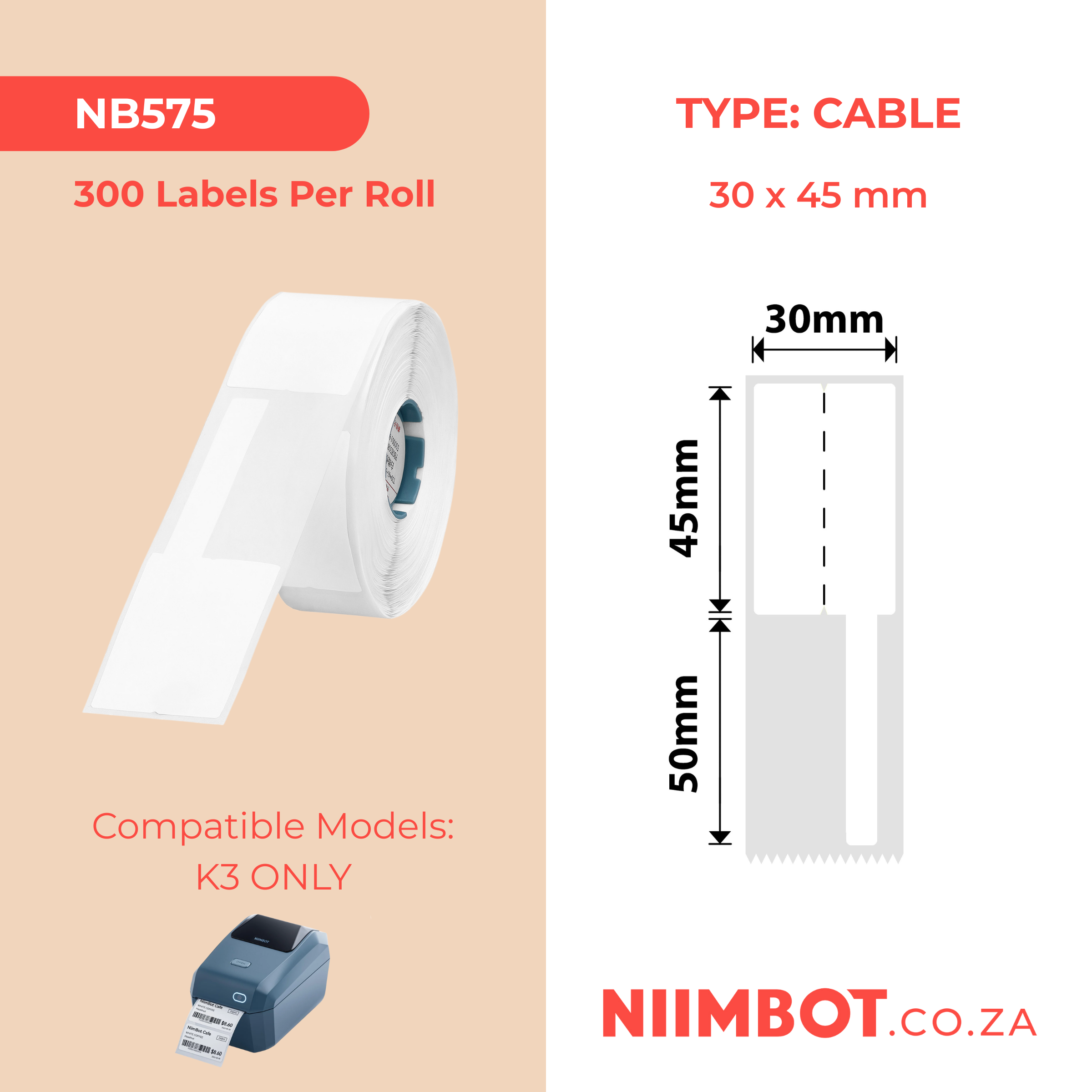 NB575 - NIIMBOT - K2 / K3 - T30X45+50MM - 300 LABELS PER ROLL - WHITE - CABLE