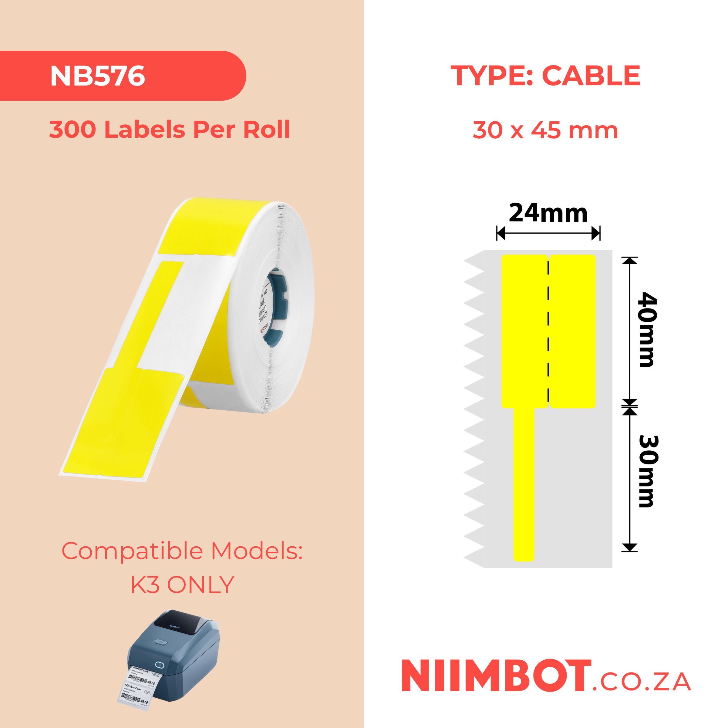 NB576 - Niimbot - K2 / K3 - 30x45+50mm - 300 Yellow Cable Labels