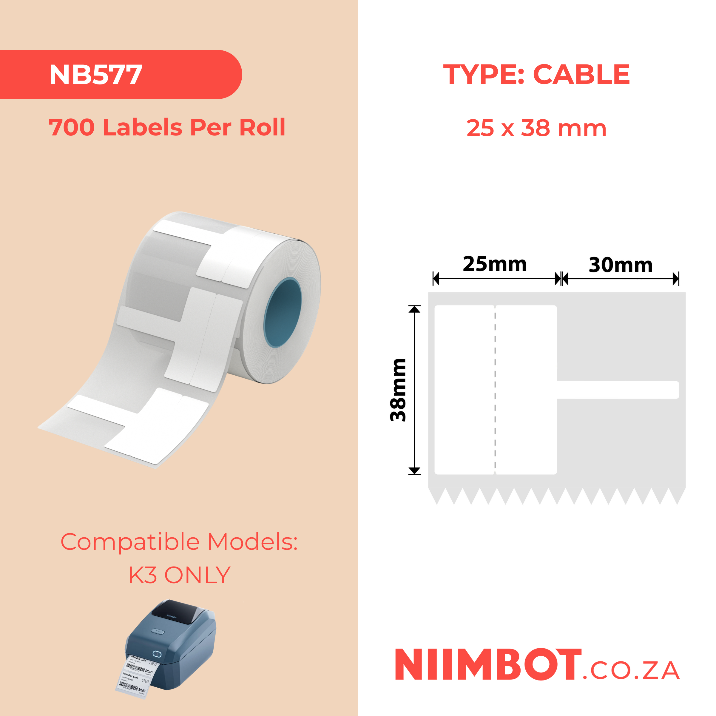 NB577 - Niimbot - K2 / K3 - 25x38+30mm - 700 White Cable Labels