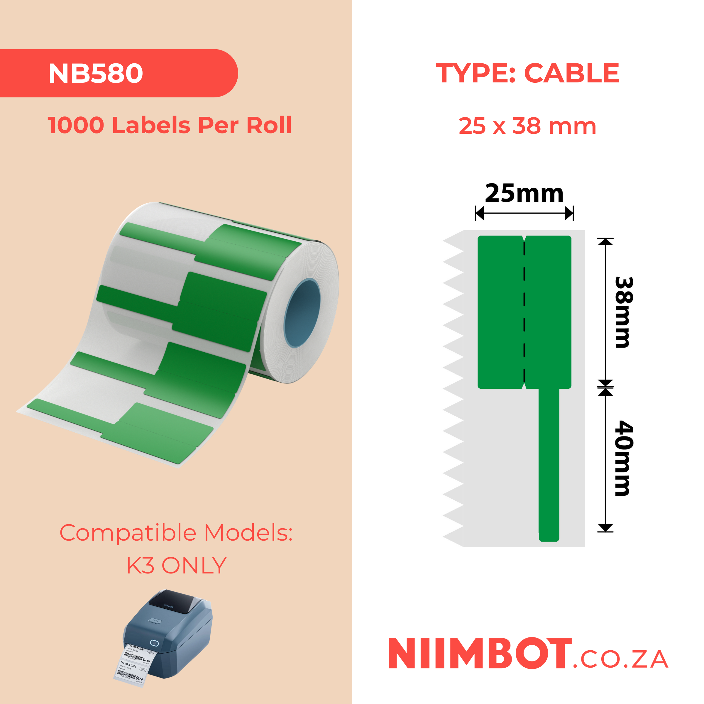 NB580 - NIIMBOT - K3 ONLY - T38X25+40MM - 1,000 LABELS PER ROLL - GREEN CABLE