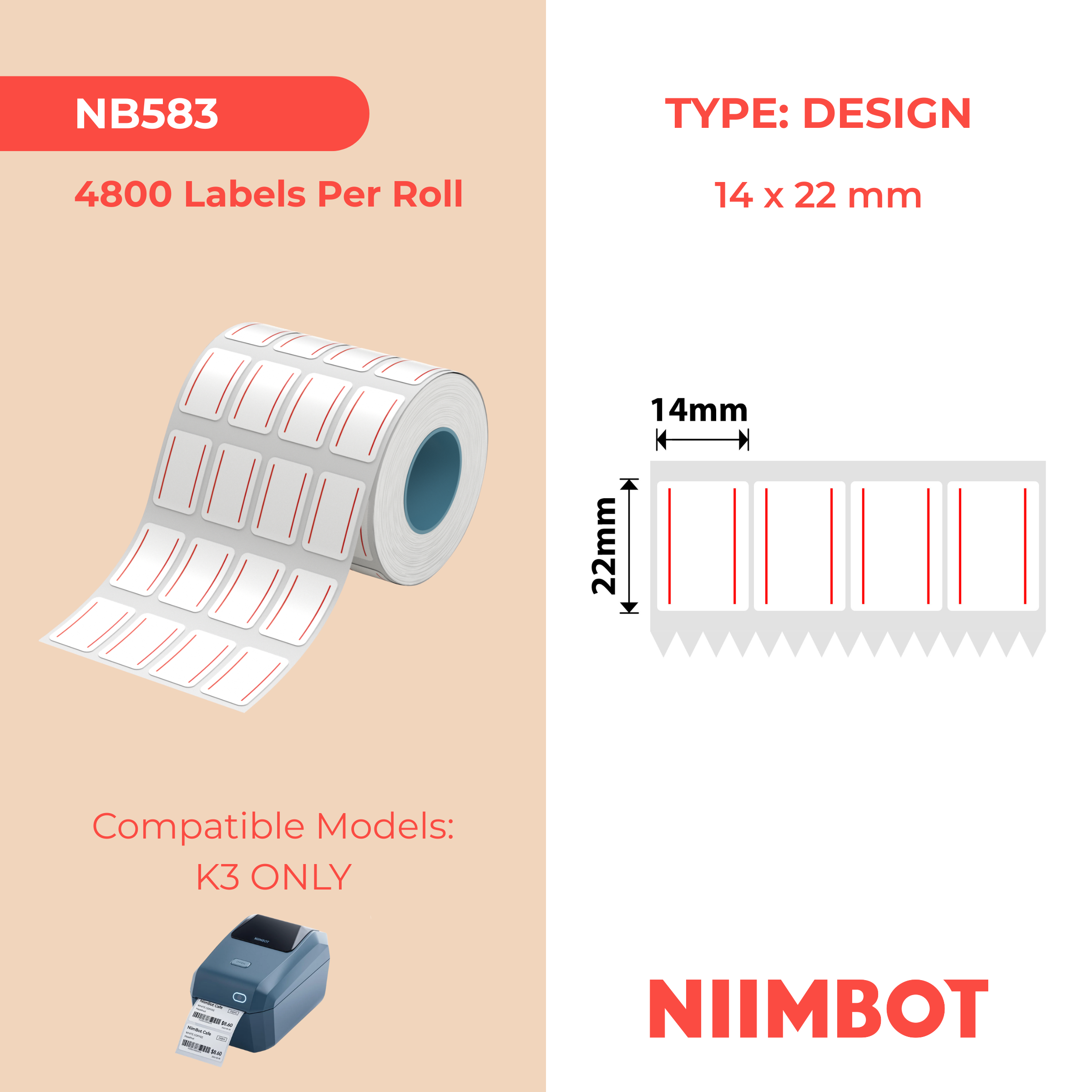 NB583 - Niimbot - K3 Only - 14x22mm/4L - 4,800 Red Double Line Labels
