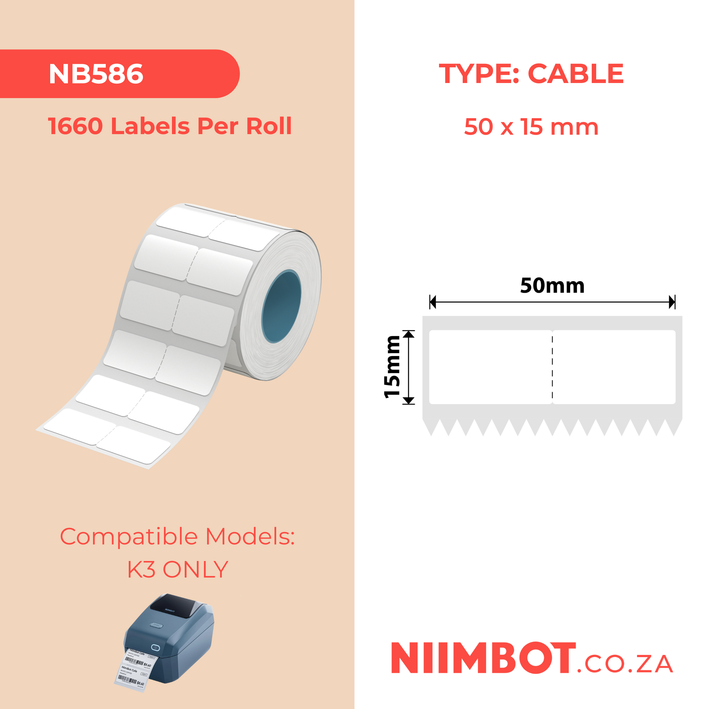 NB586 - NIIMBOT - K2 / K3 - T50X15MM - 1,660 LABELS PER ROLL - WHITE JEWELLERY