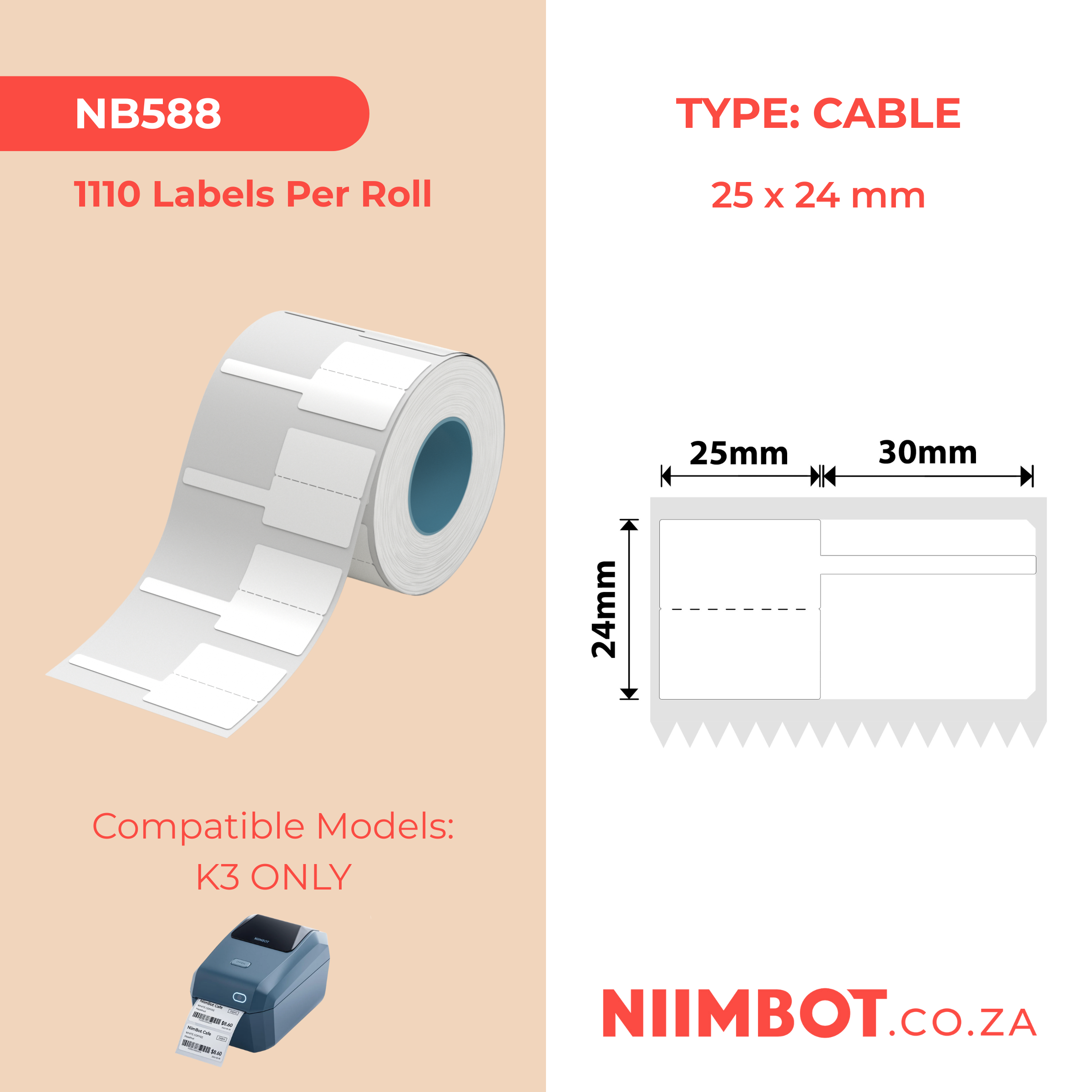 NB588 - NIIMBOT - K2 / K3 - T25X24+25MM - 1,110 LABELS PER ROLL - WHITE JEWELLERY