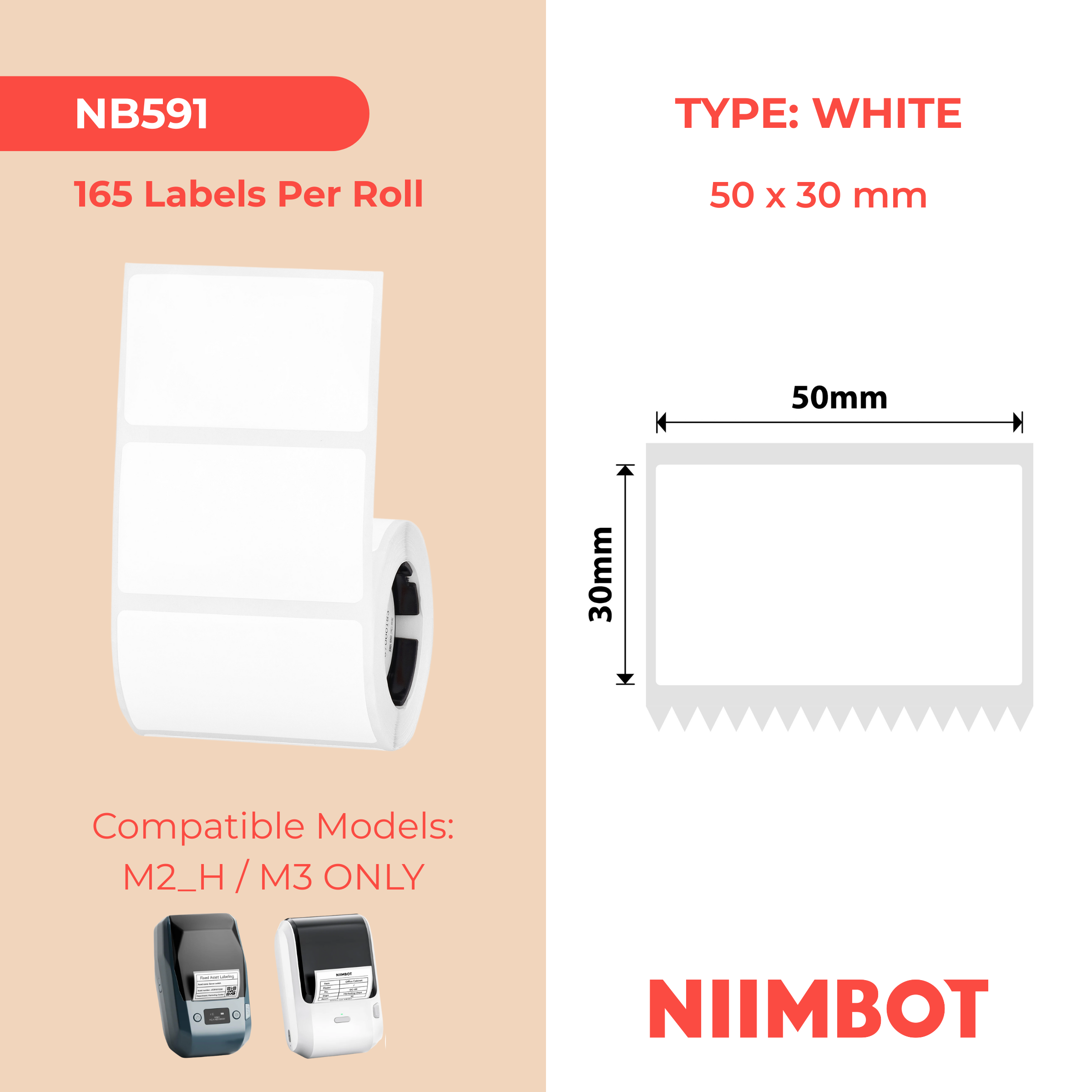 NB591 - NIIMBOT - M2 / M3 - V50X30MM - 165 THERMAL TRANSFER LABELS - WHITE - PVC