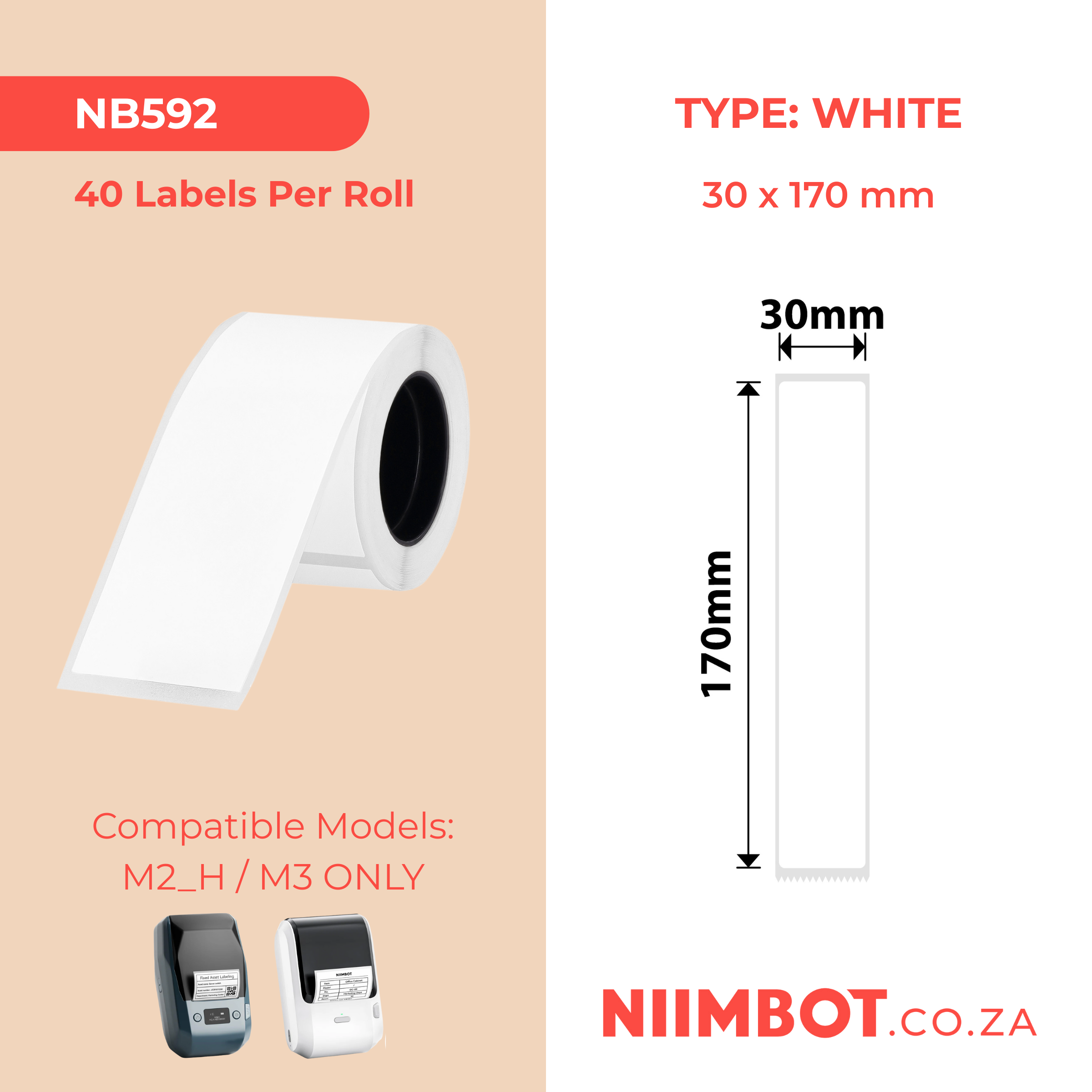 NB592 - Niimbot - M2 / M3 - 30x170mm - 40 White PET Folder Labels