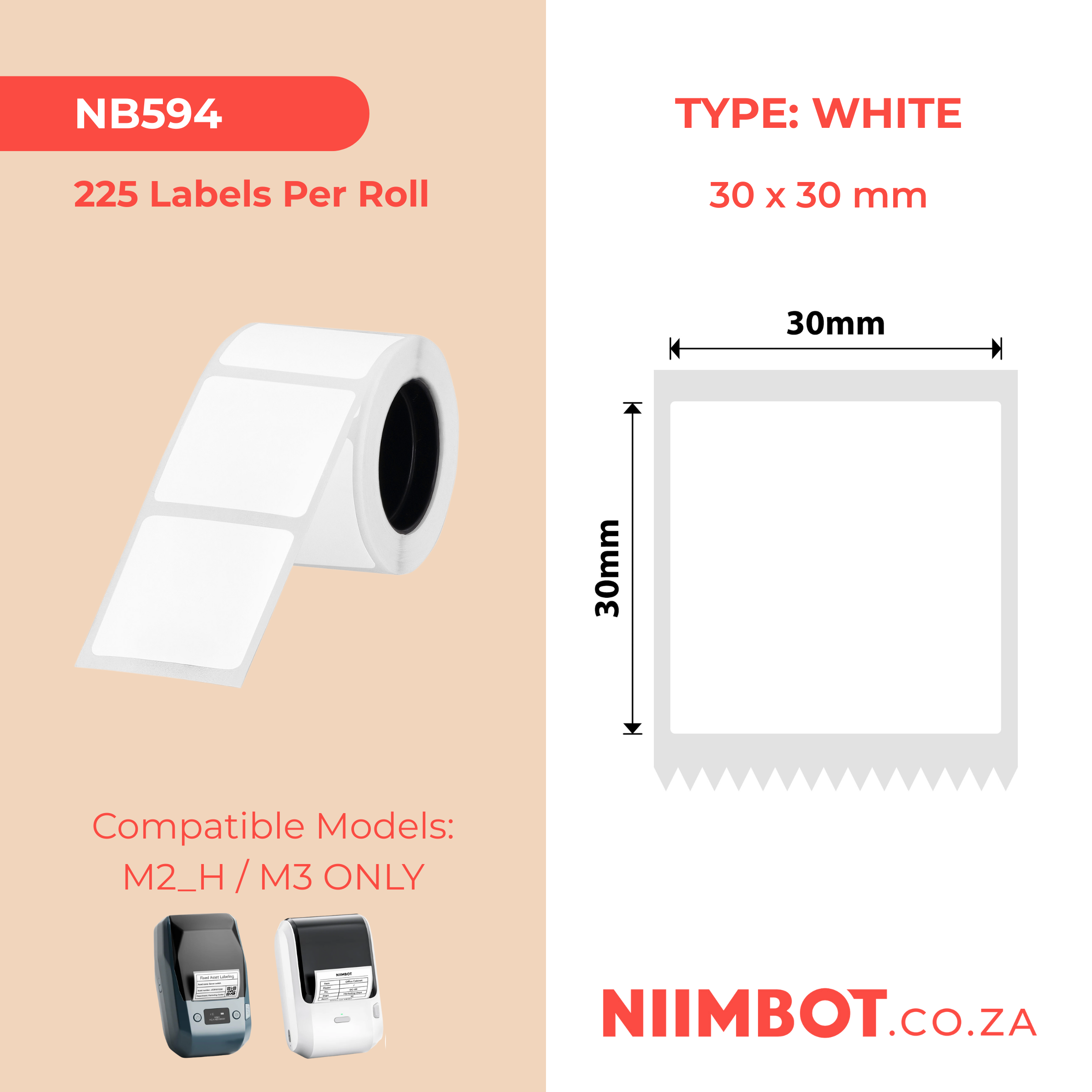 NB594 - NIIMBOT - M2 / M3 - EW30X30MM - 225 THERMAL TRANSFER LABELS - WHITE - SQUARE - PET