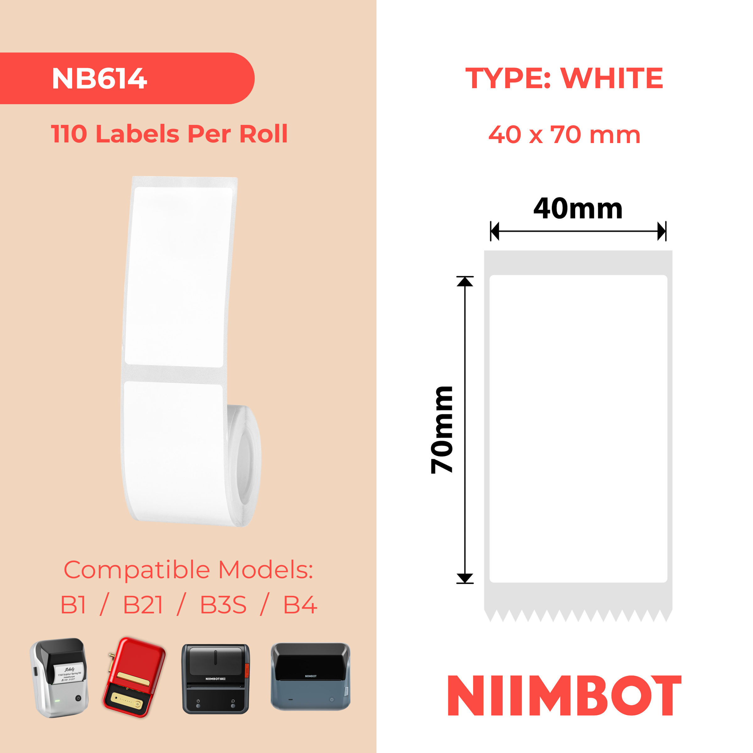 NB614 - Niimbot - B1 / B21 / B31 / B3S / B4 - 40x70mm - 110 Labels - White