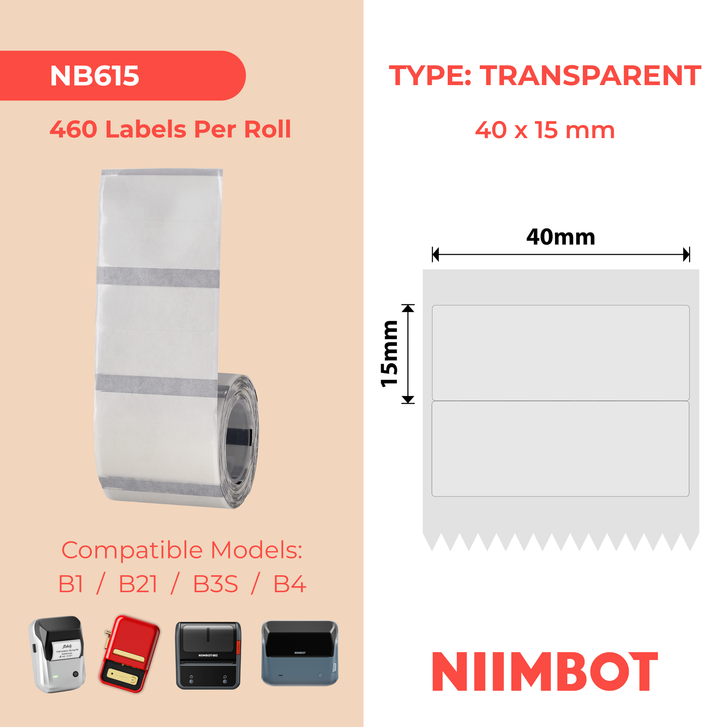 NB615 - Niimbot - B1 / B21 / B31 / B3S / B4 - 40x15mm/2R - 460 Labels - Transparent