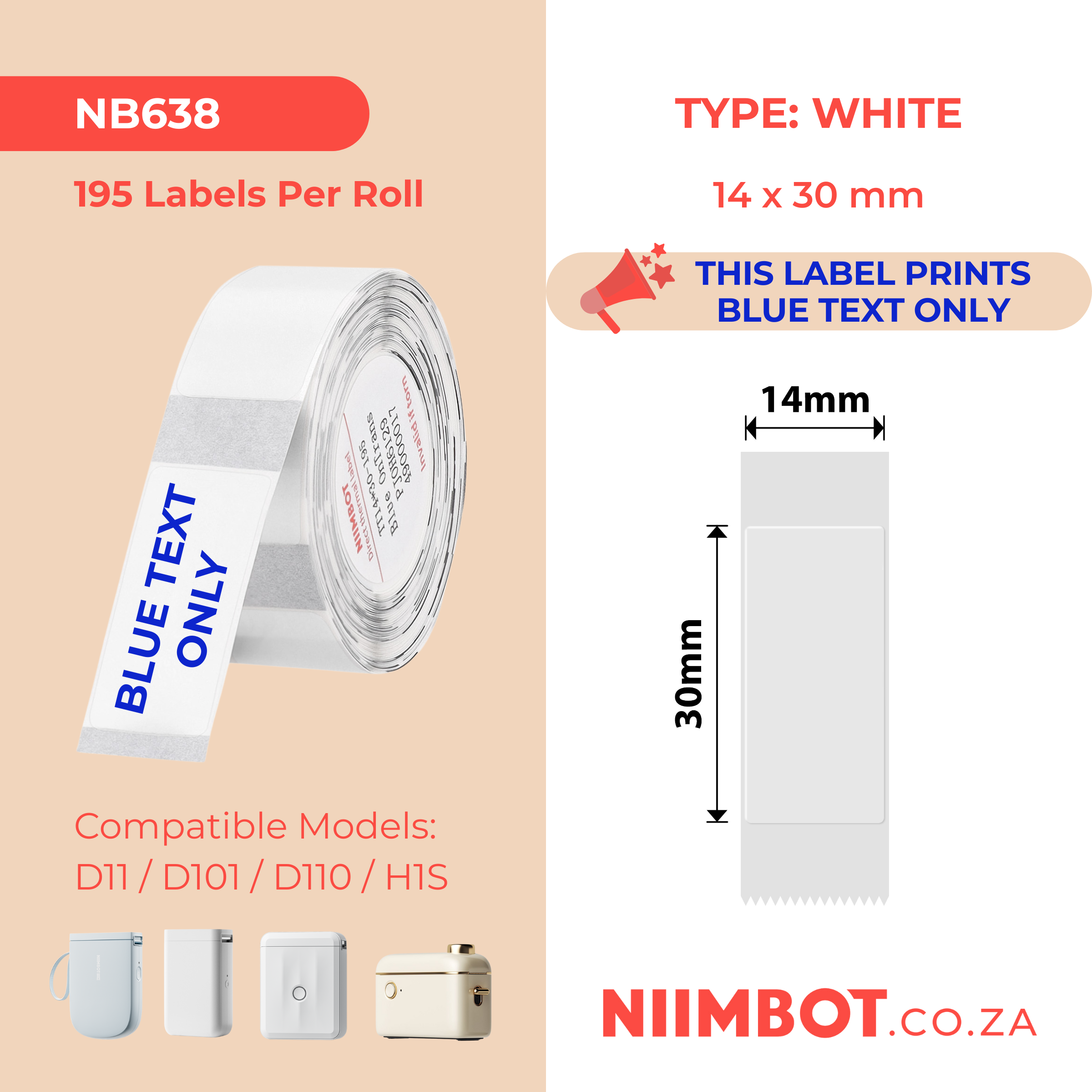 NB638 - NIIMBOT - D11 / D101 / D110 / H1S - T14X30MM - 195 LABELS PER ROLL - TRANSPARENT - BLUE TEXT ONLY - RECTANGLE