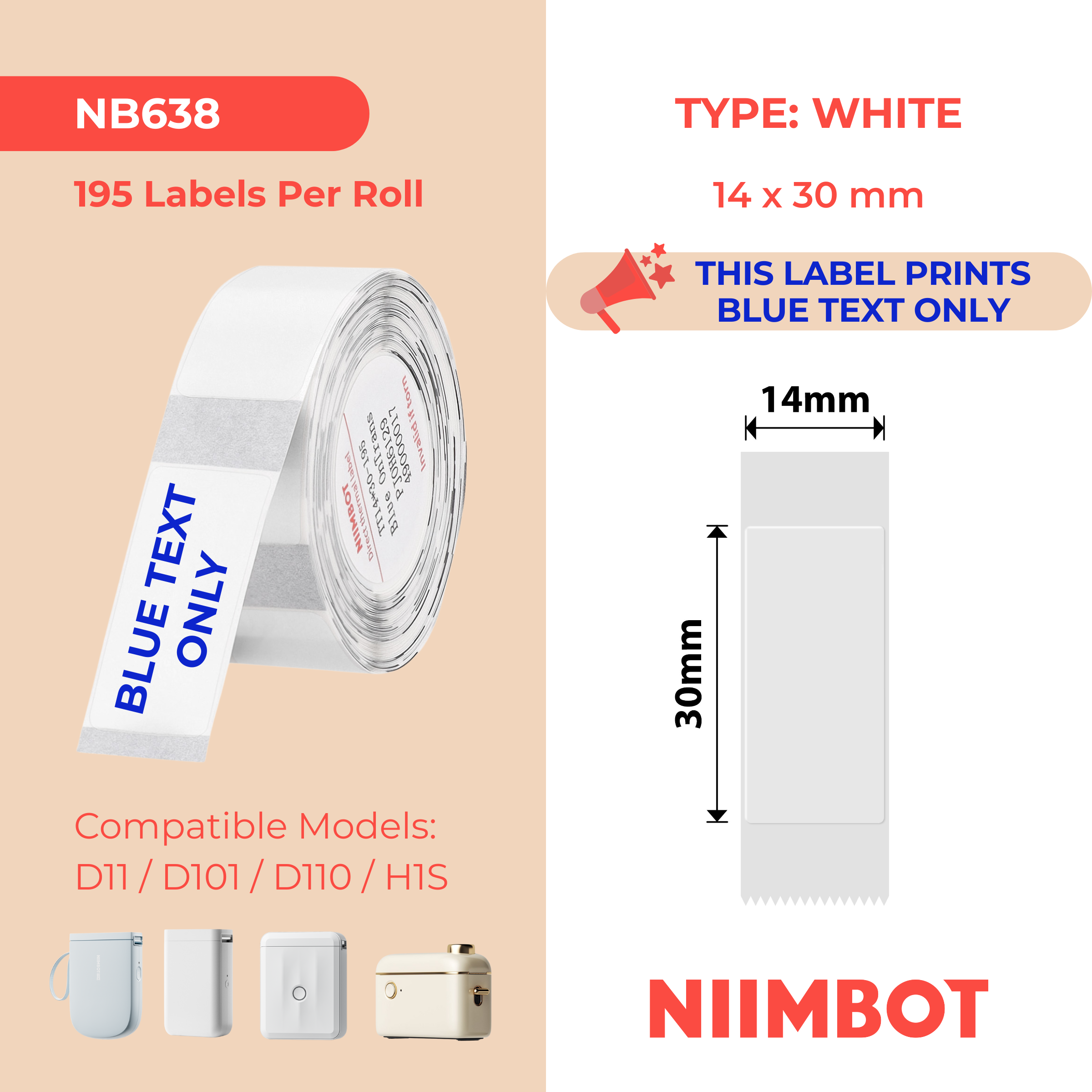 NB638 - Niimbot - D11 / D101 / D110 / H1S - 14x30mm - 195 Transparent Blue Text Labels