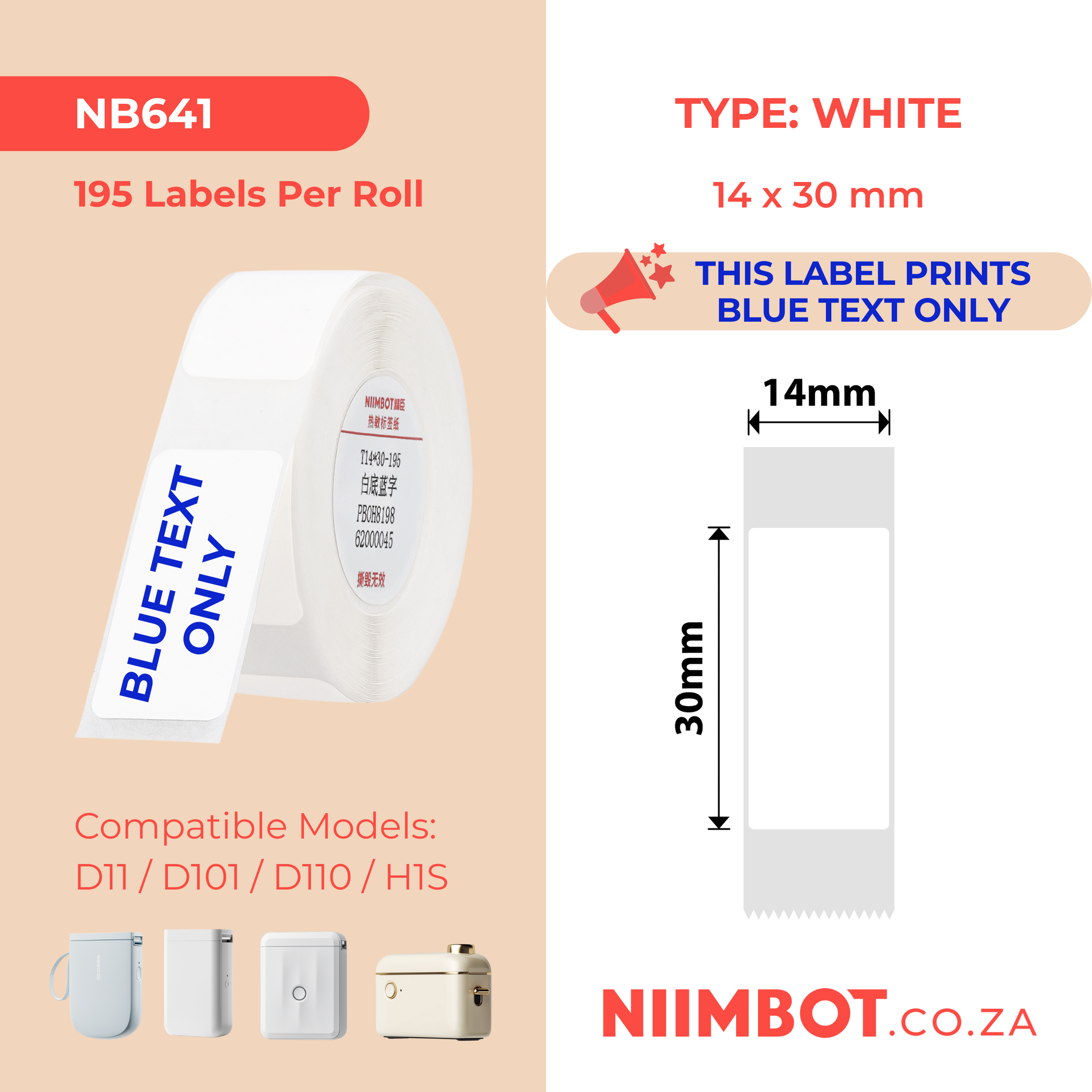 NB641 - NIIMBOT - D11 / D101 / D110 / H1S - T14X30MM - 195 LABELS - WHITE - BLUE TEXT ONLY - RECTANGLE