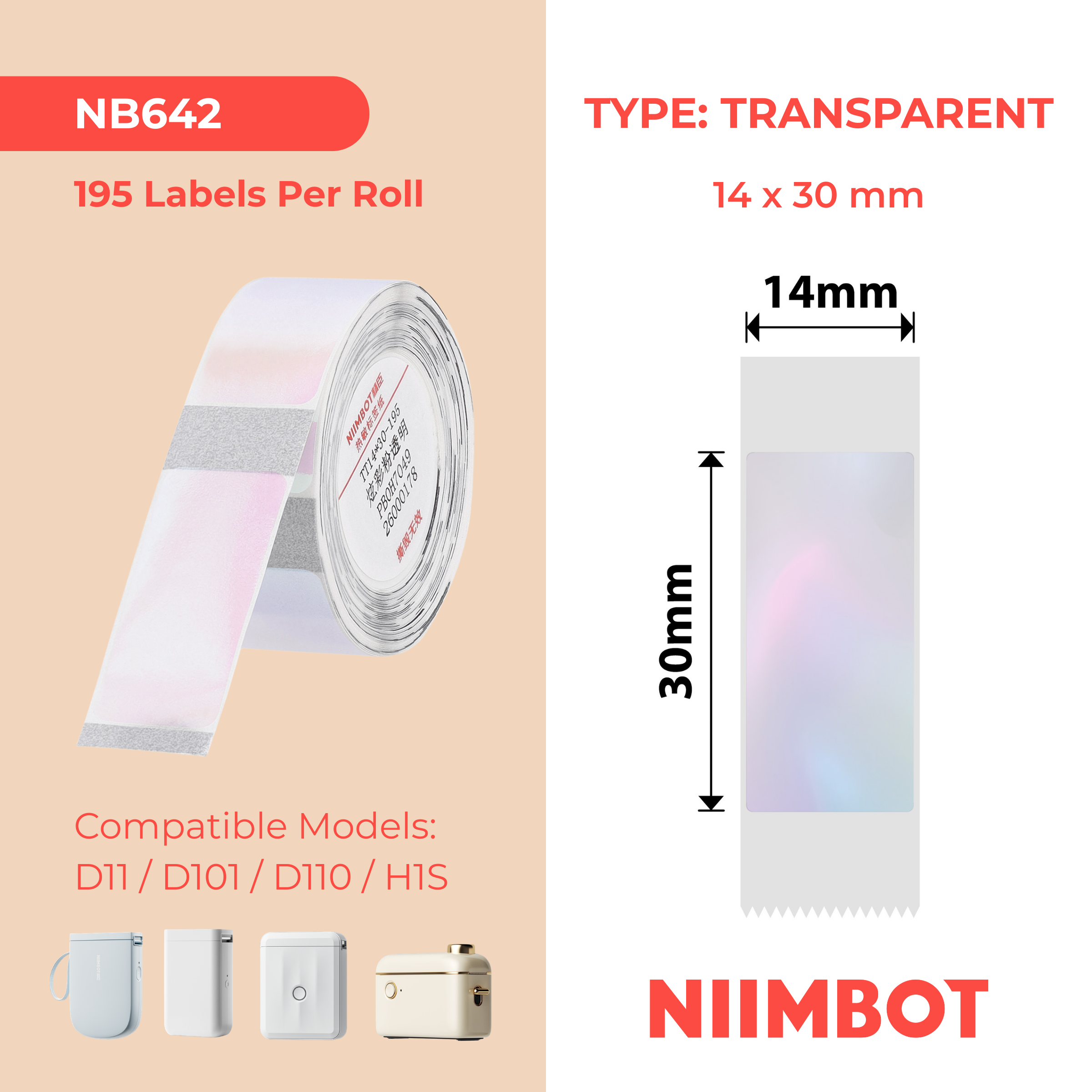 NB642 - Niimbot - D11 / D101 / D110 / H1S - 14x30mm - 195 Transparent Colourful Pink Labels