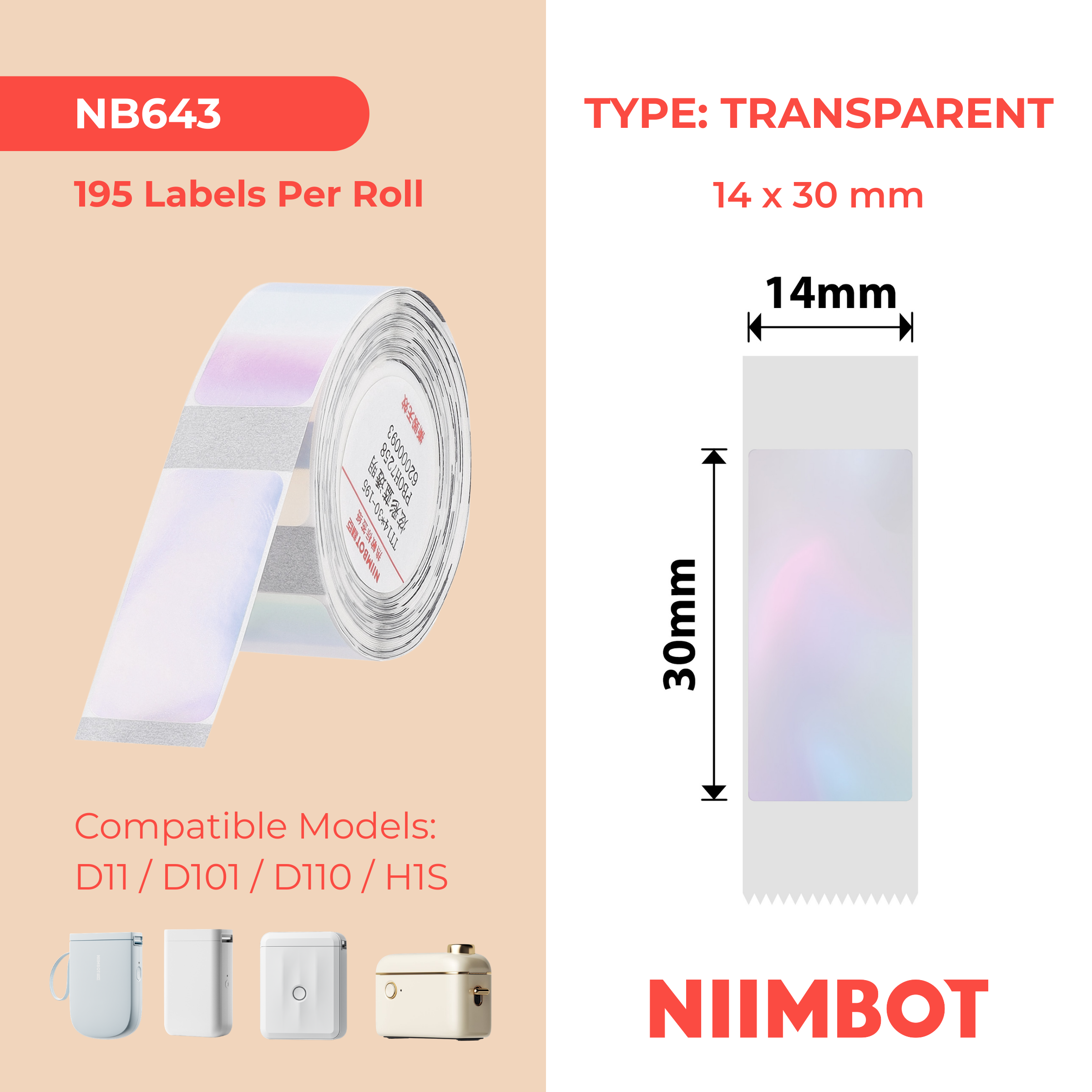 NB643 - Niimbot - D11 / D101 / D110 / H1S - 14x30mm - 195 Transparent Colourful Blue Labels