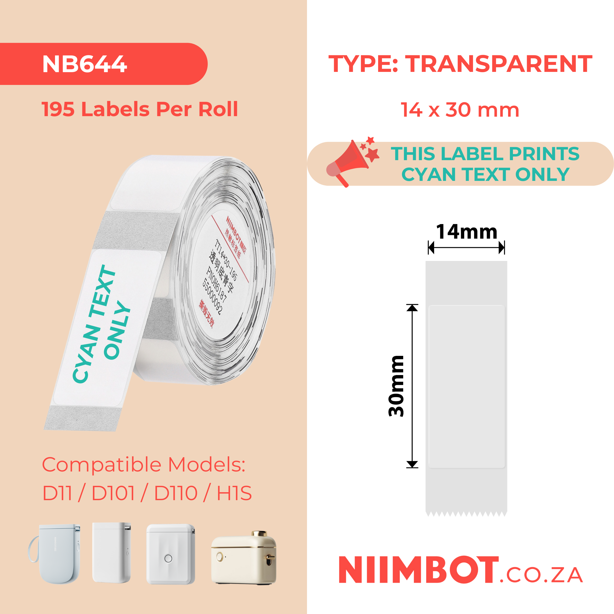 NB644 - NIIMBOT - D11 / D101 / D110 / H1S - TT14X30MM - 195 LABELS - TRANSPARENT - CYAN TEXT ONLY - RECTANGLE