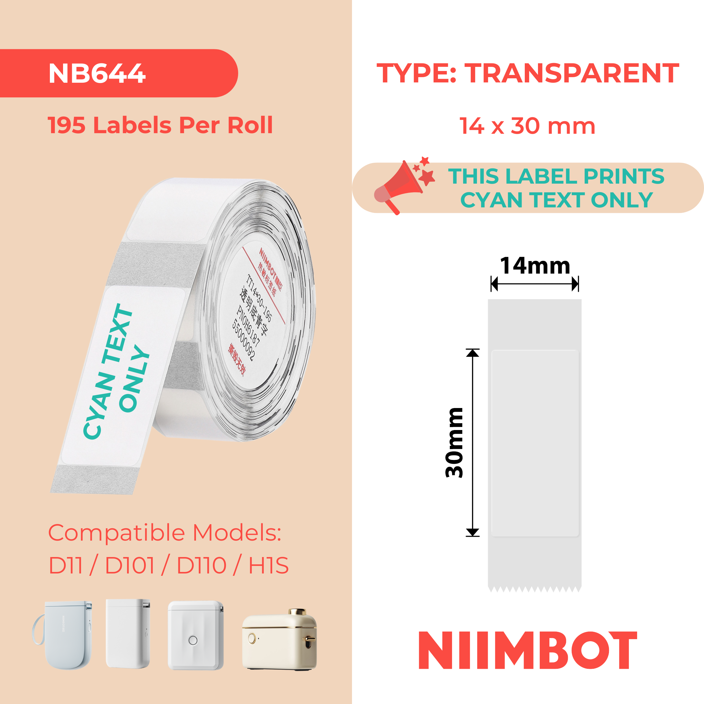 NB644 - Niimbot - D11 / D101 / D110 / H1S - 14x30mm - 195 Transparent Cyan Text Labels
