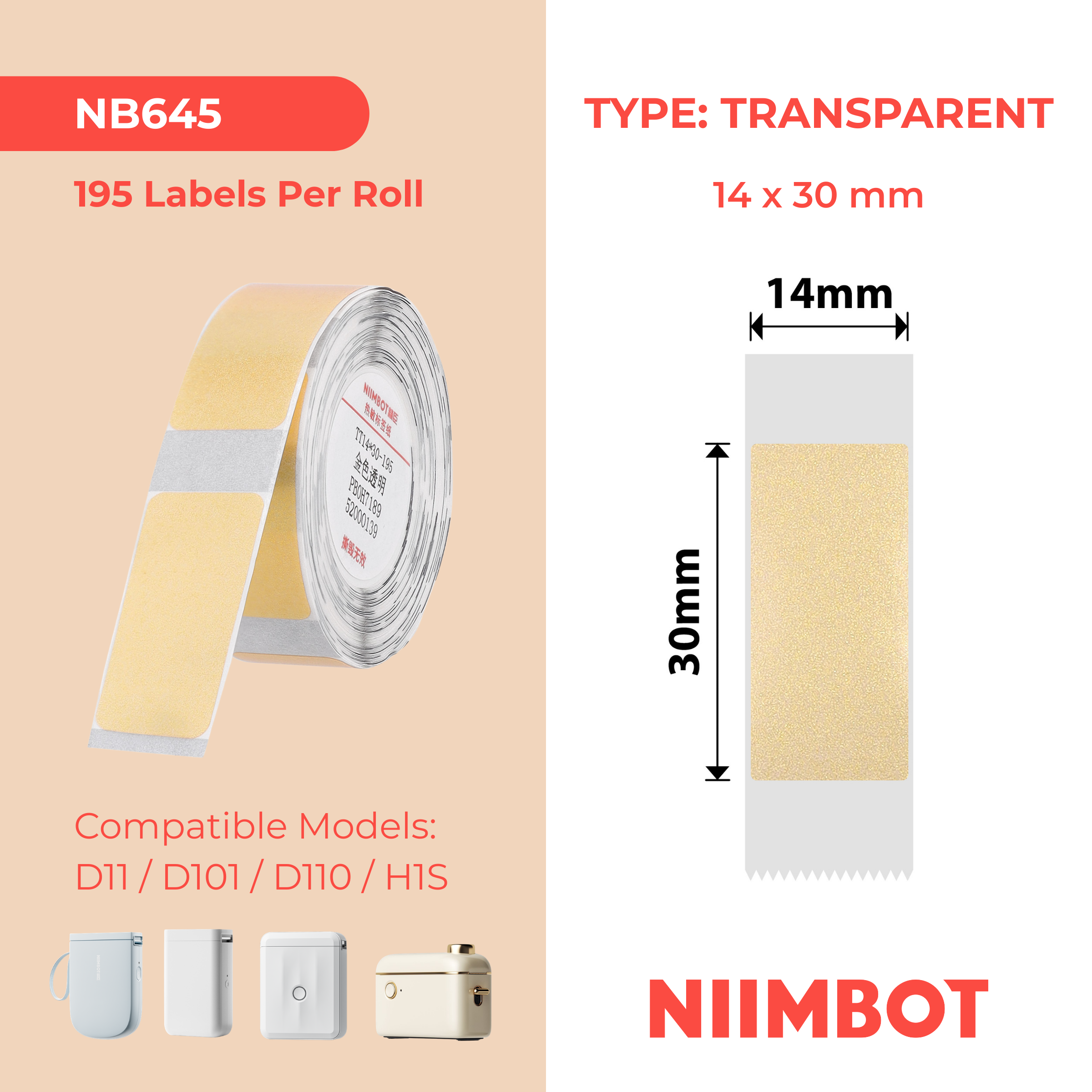 NB645 - Niimbot - D11 / D101 / D110 / H1S - 14x30mm - 195 Gold Transparent Labels