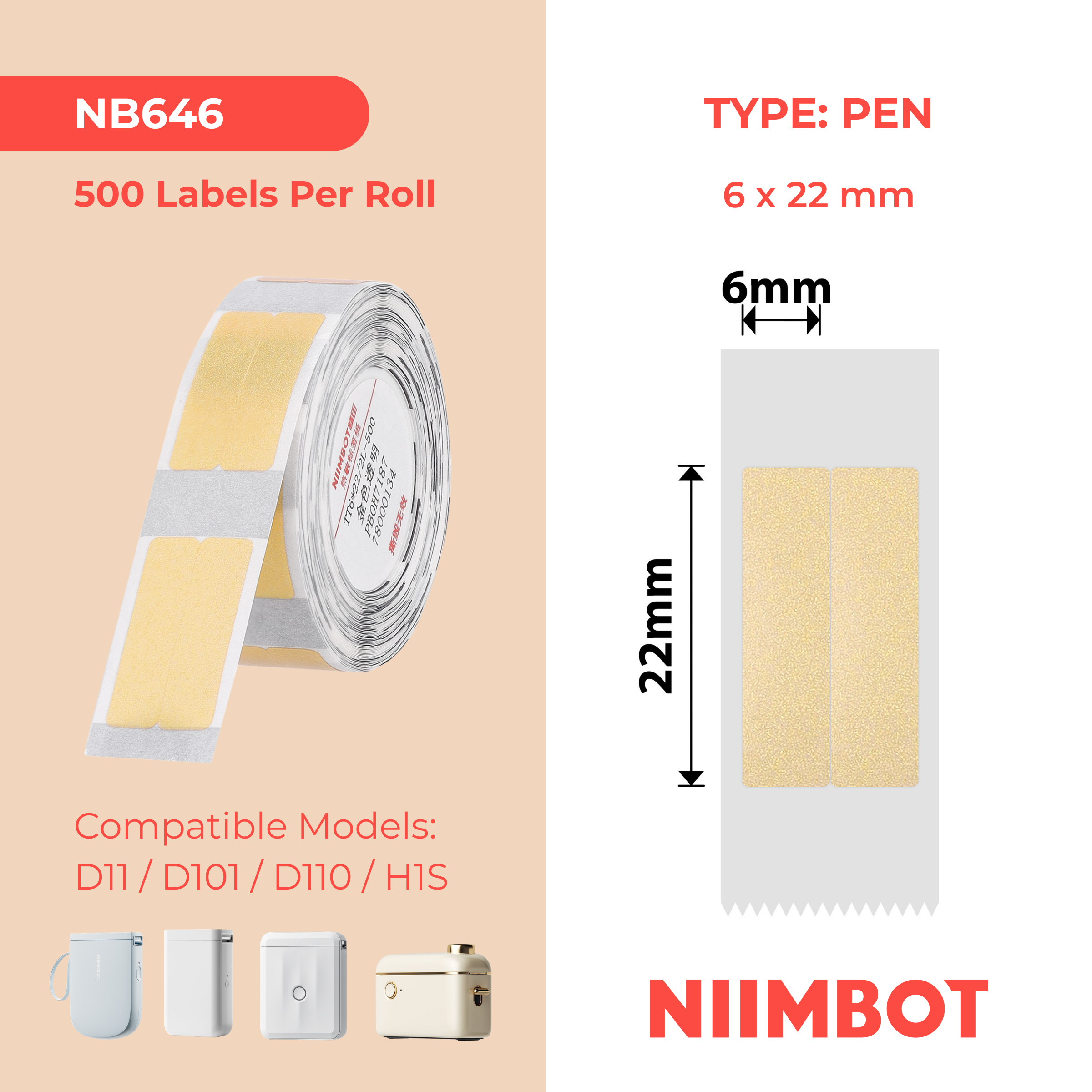 NB646 - Niimbot - D11 / D101 / D110 / H1S - 6x22mm/2L - 500 Gold Transparent Vertical Pen - Stationary Labels