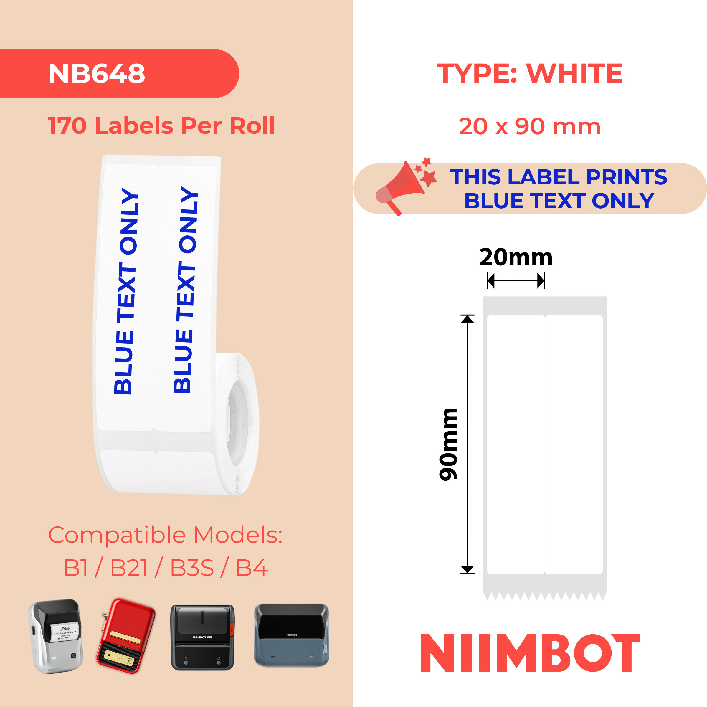 NB648 - Niimbot - B1 / B21 / B31 / B3S / B4 - 20mmX90mm/2L - 170 White Blue Text Labels