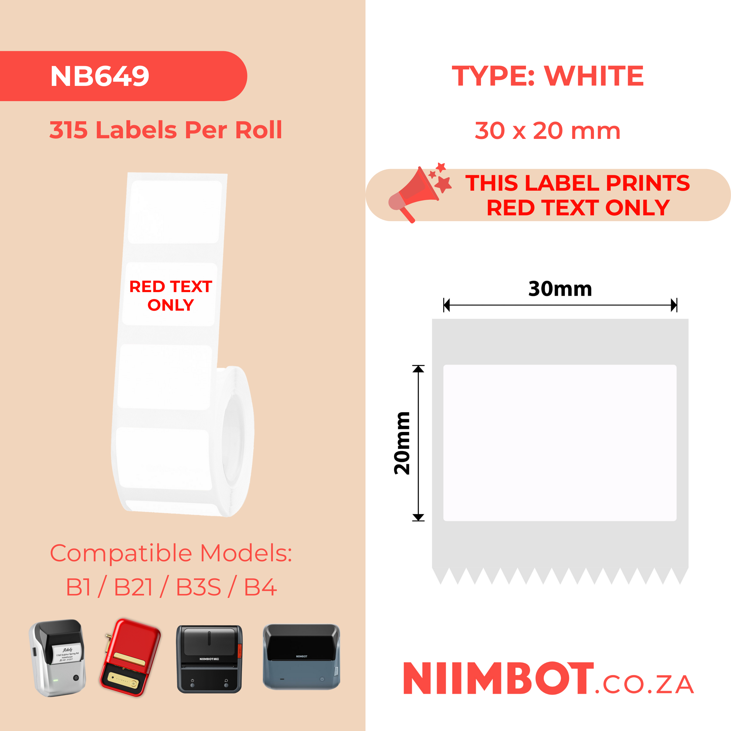 NB649 - NIIMBOT - B1 / B21 / B3S / B4 - T30X20 - 315 LABELS PER ROLL - WHITE - RED TEXT ONLY - RECTANGLE