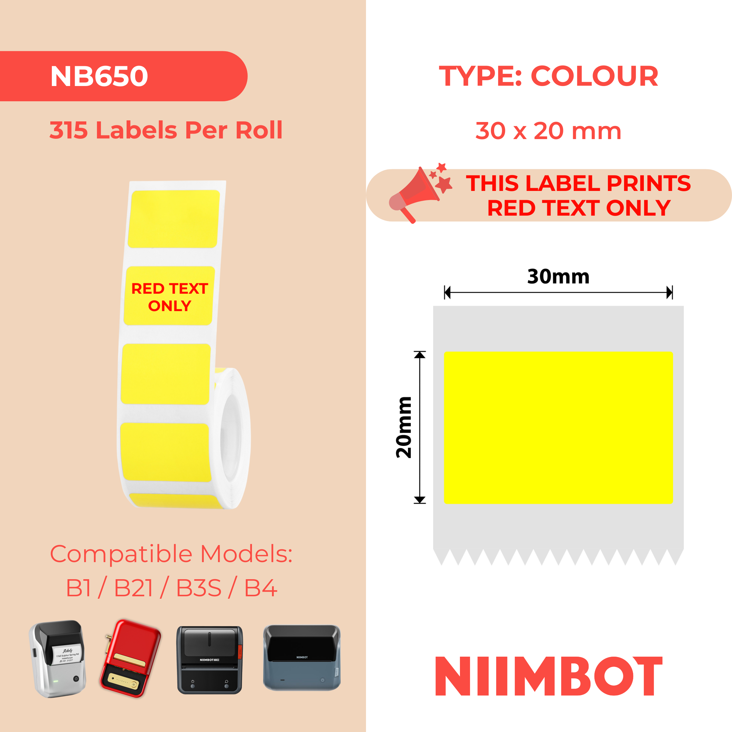 NB650 - Niimbot - B1 / B21 / B31 / B3S / B4 - 30x20mm - 315 Yellow Red Text Only Labels