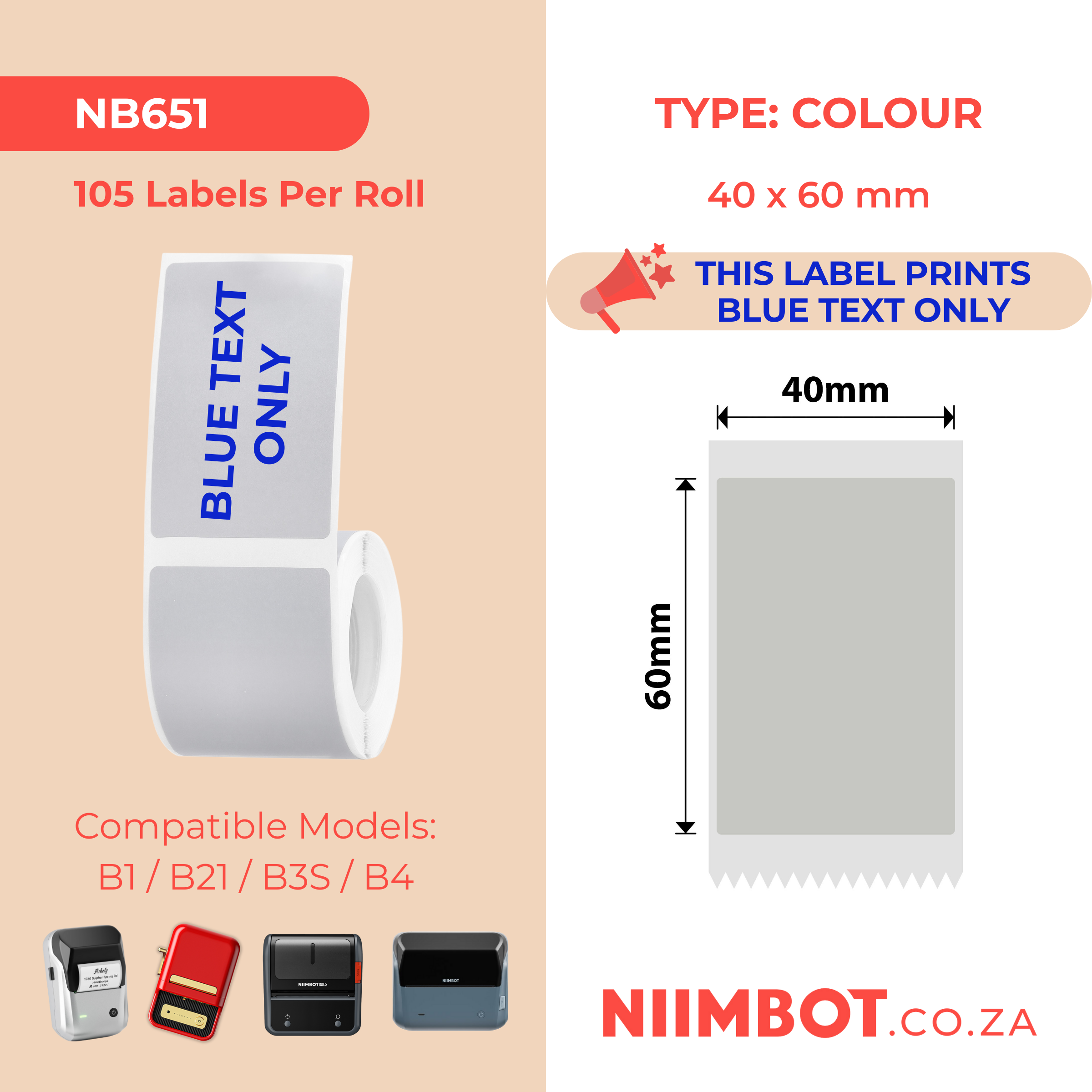 NB651 - NIIMBOT - B1 / B21 / B3S / B4 - T40X60 - 105 LABELS PER ROLL - SILVER GRAY - BLUE TEXT ONLY - RECTANGLE