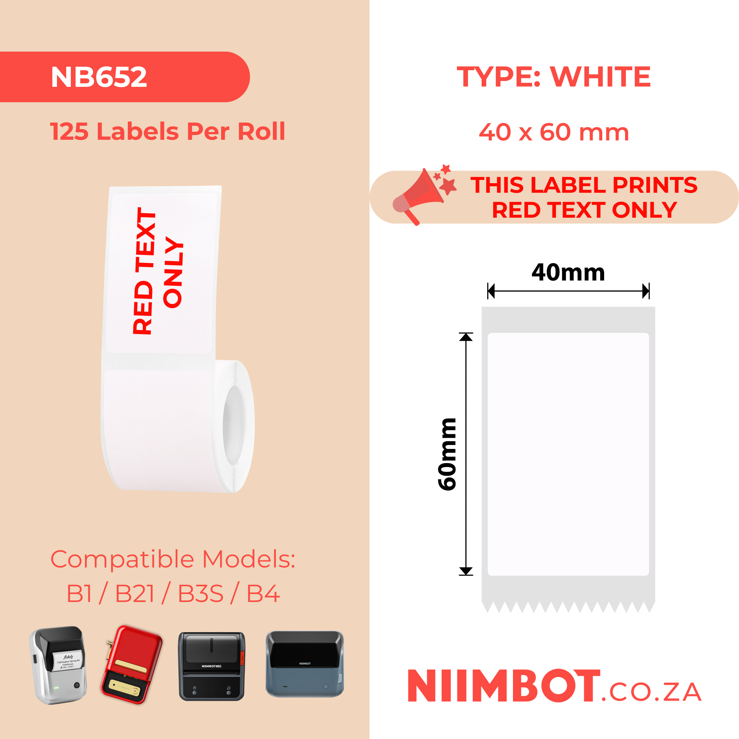 NB652 - NIIMBOT - B1 / B21 / B3S / B4 - T40X60 - 125 LABELS PER ROLL - WHITE - RED TEXT ONLY - RECTANGLE