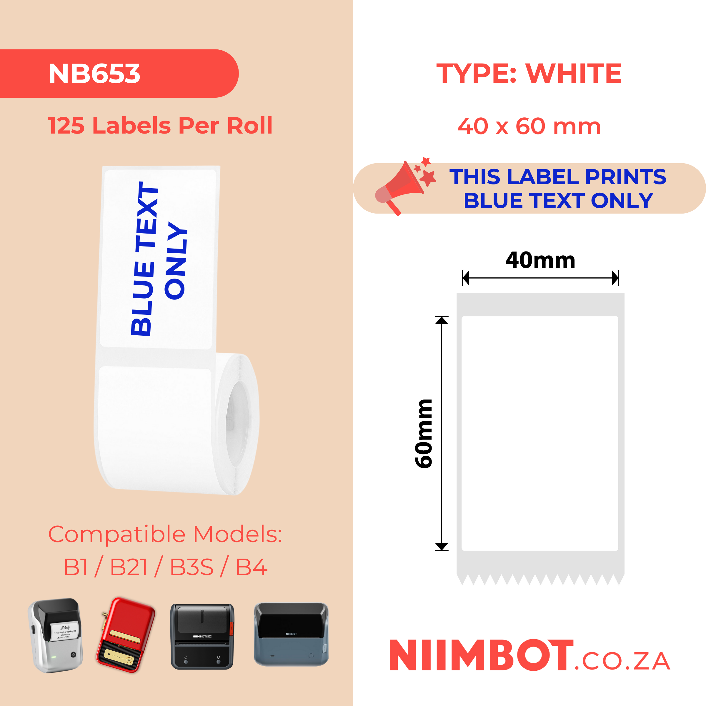 NB653 - NIIMBOT - B1 / B21 / B3S / B4 - T40X60 - 125 LABELS PER ROLL - WHITE - BLUE TEXT ONLY - RECTANGLE